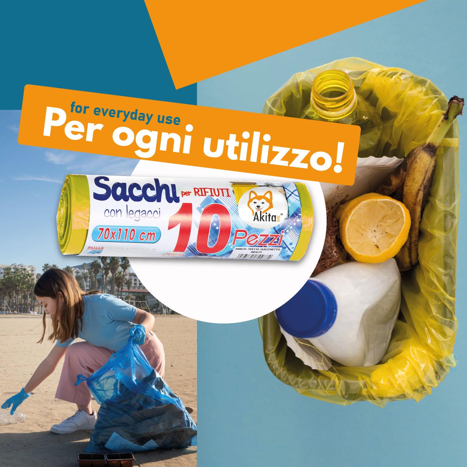 Akitaink sacchi spazzatura 110L 70x110cm 60 pezzi