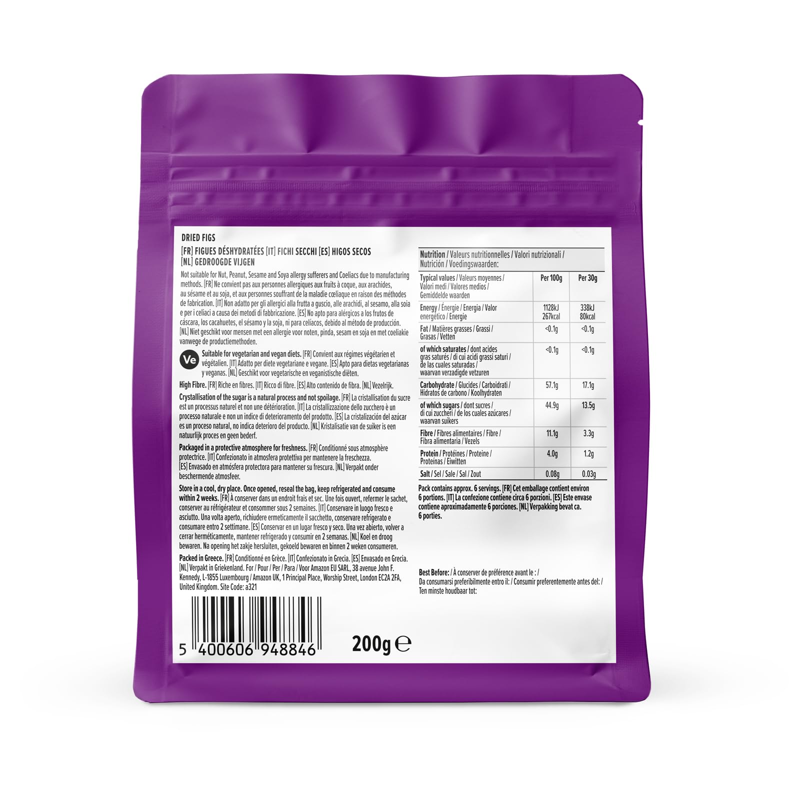 by Amazon fichi secchi snack vegano 200 g confezione da 6