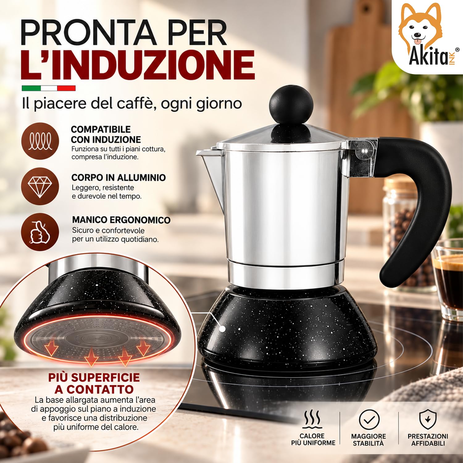 Akitaink moka induzione 2 tazze in alluminio con silicone