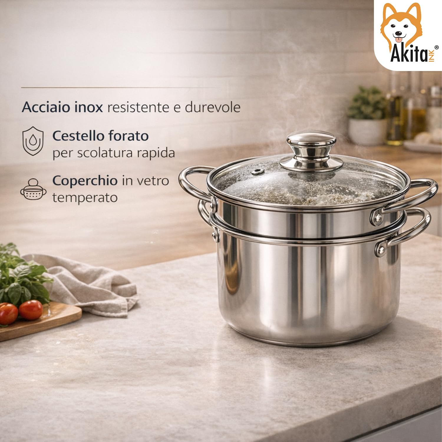 Akitaink Bollipasta Acciaio 22 cm con Cestello e Coperchio