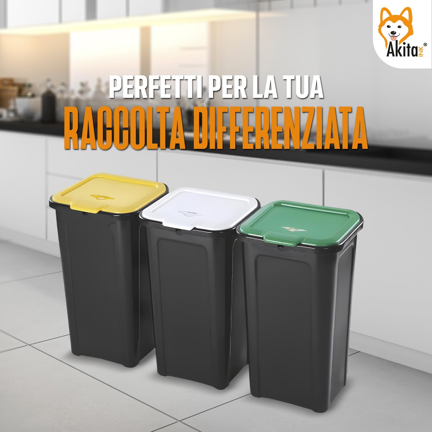 Akitaink Akipatblues pattumiera 44 L set 3 pezzi differenziata
