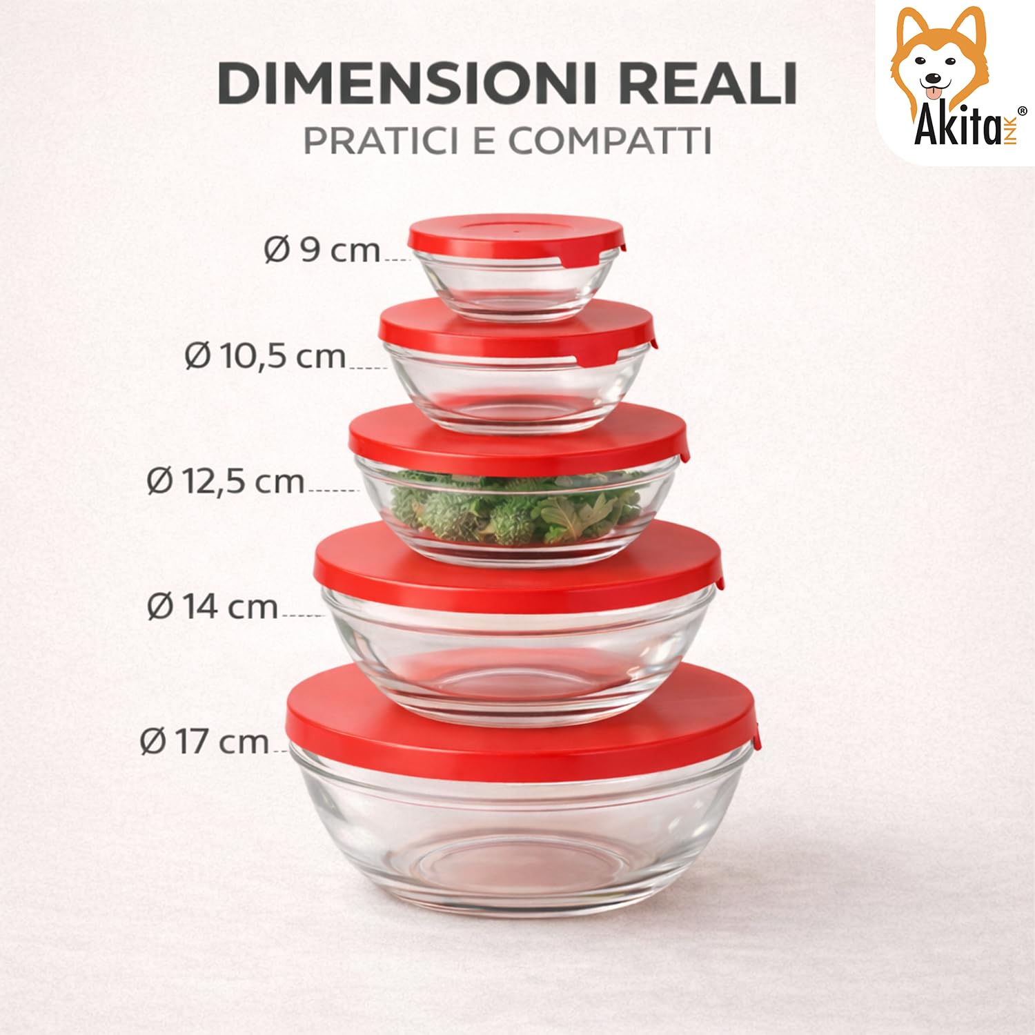 Akitaink set 5 ciotole vetro coperchio rosso impilabili