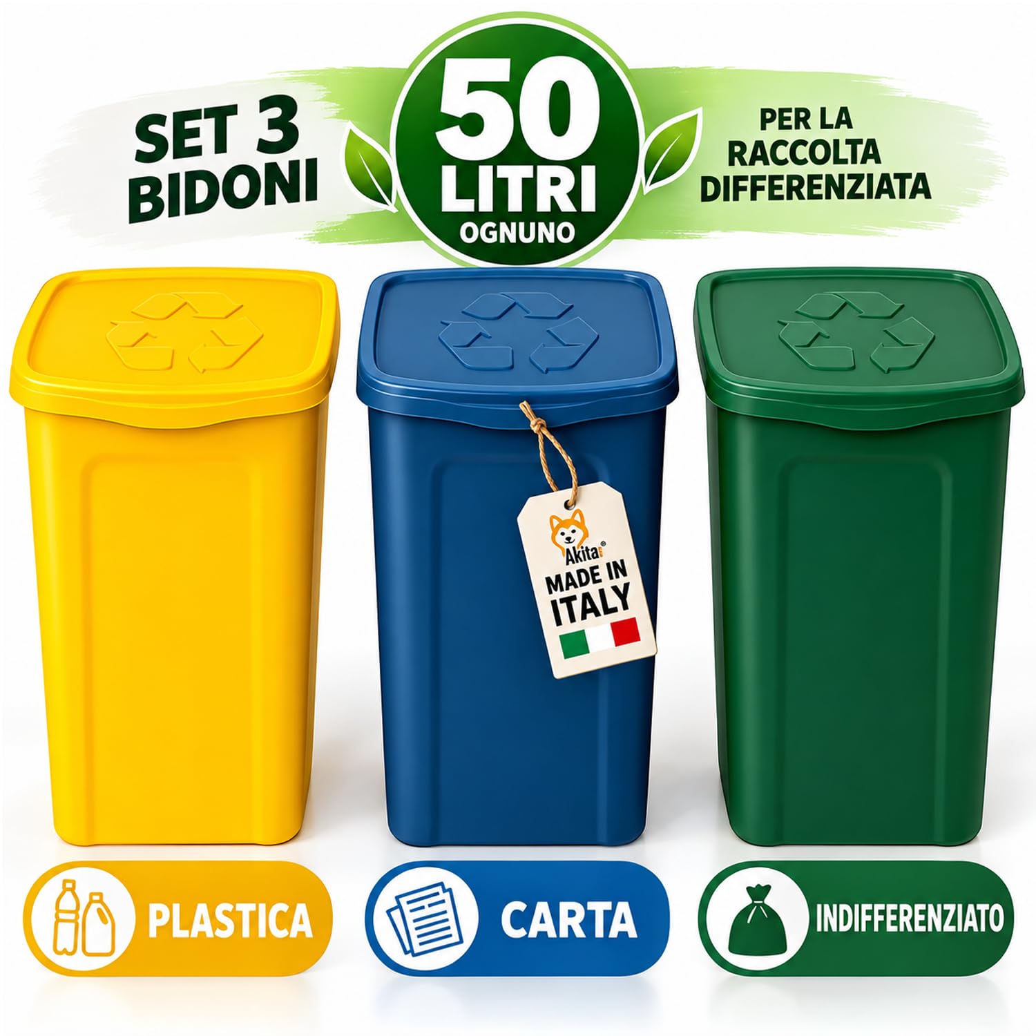 Akitaink Akipatu2 set 3 pattumiere 50L differenziata
