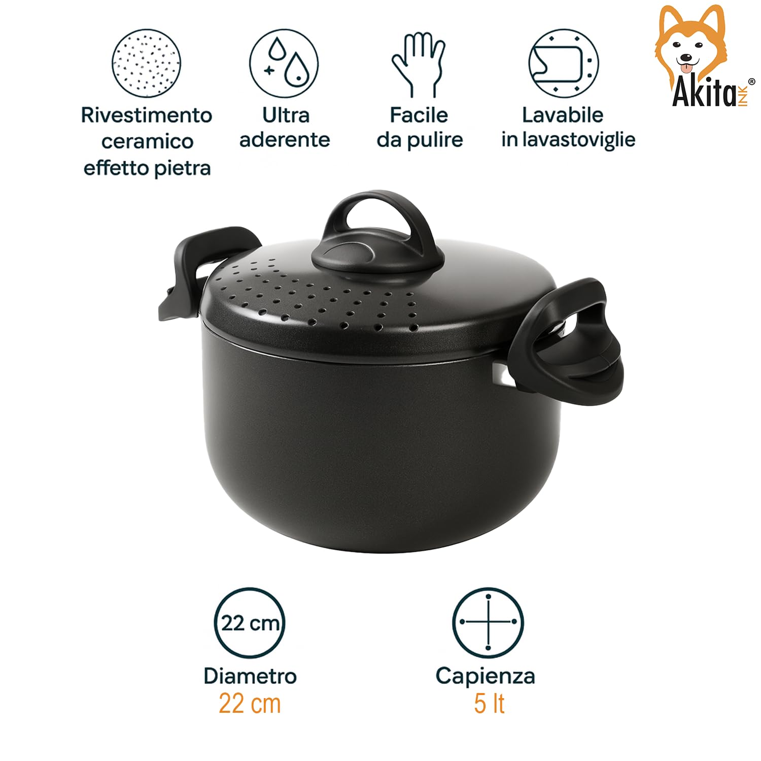 Akitaink Scolì pentola 22 cm 5L con scolapasta antiaderente