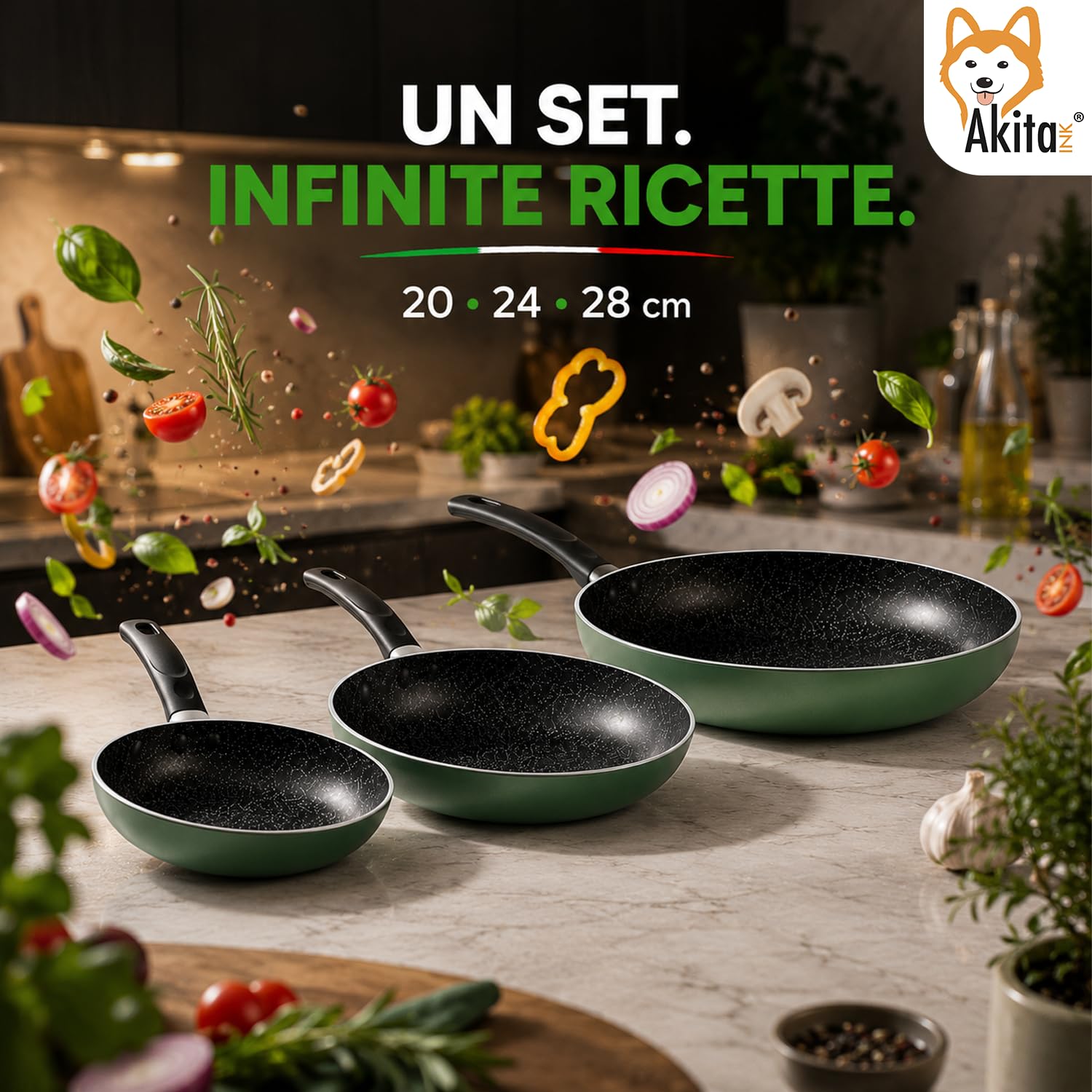 Akitaink Natura Set 3 Padelle Antiaderenti 20 24 28 cm Stone