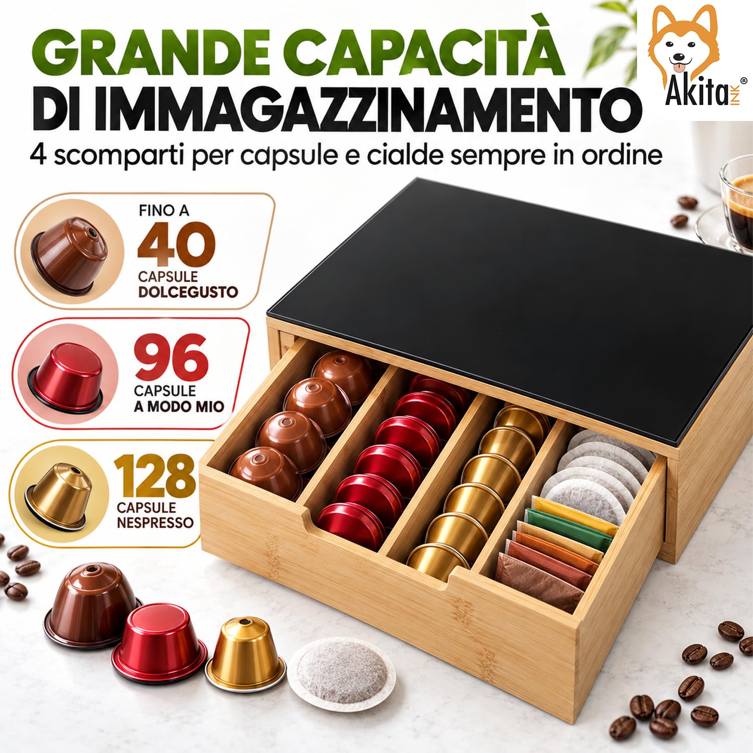Akitaink Portacialde Bambù Cassetto Vetro 30x30 cm