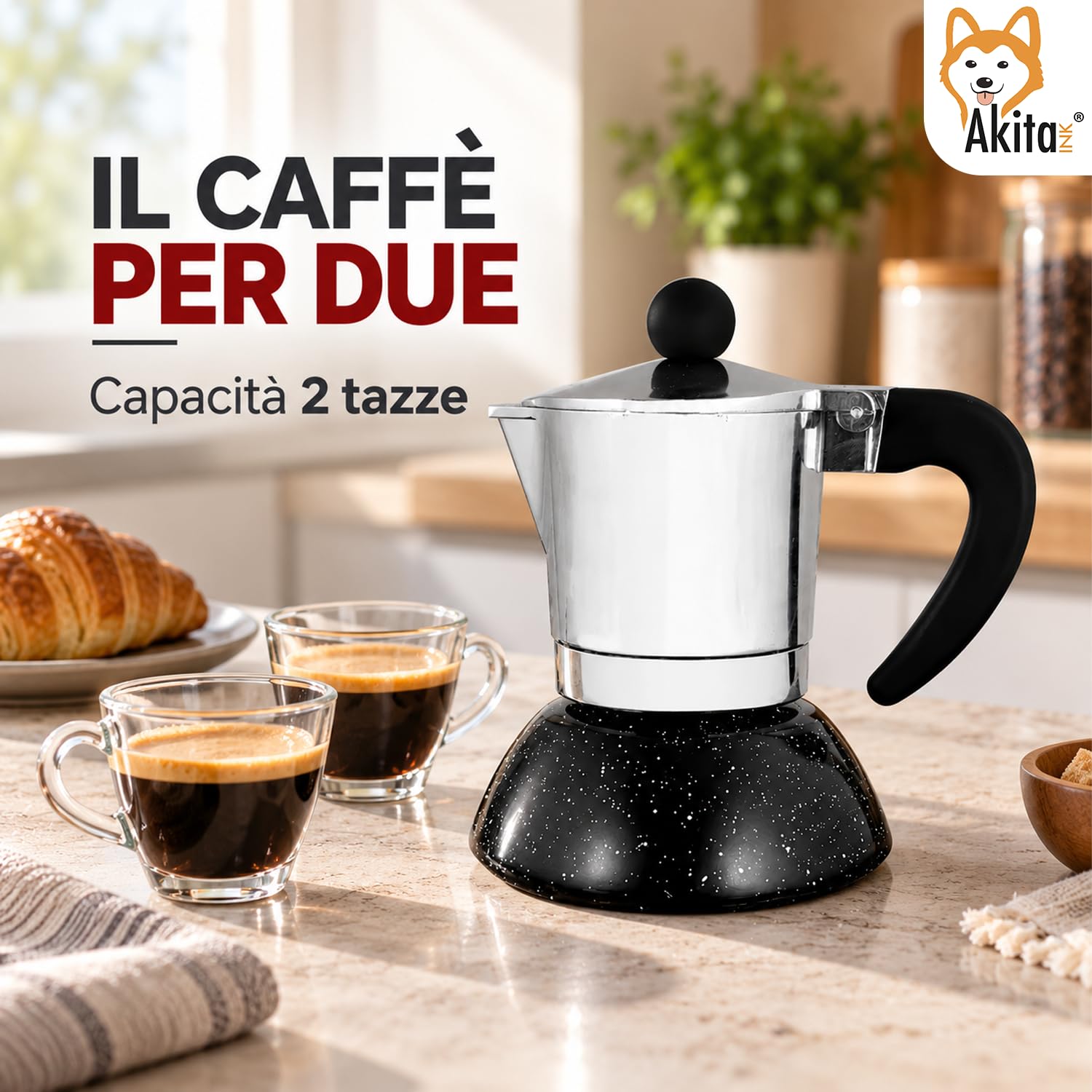 Akitaink moka induzione 2 tazze in alluminio con silicone