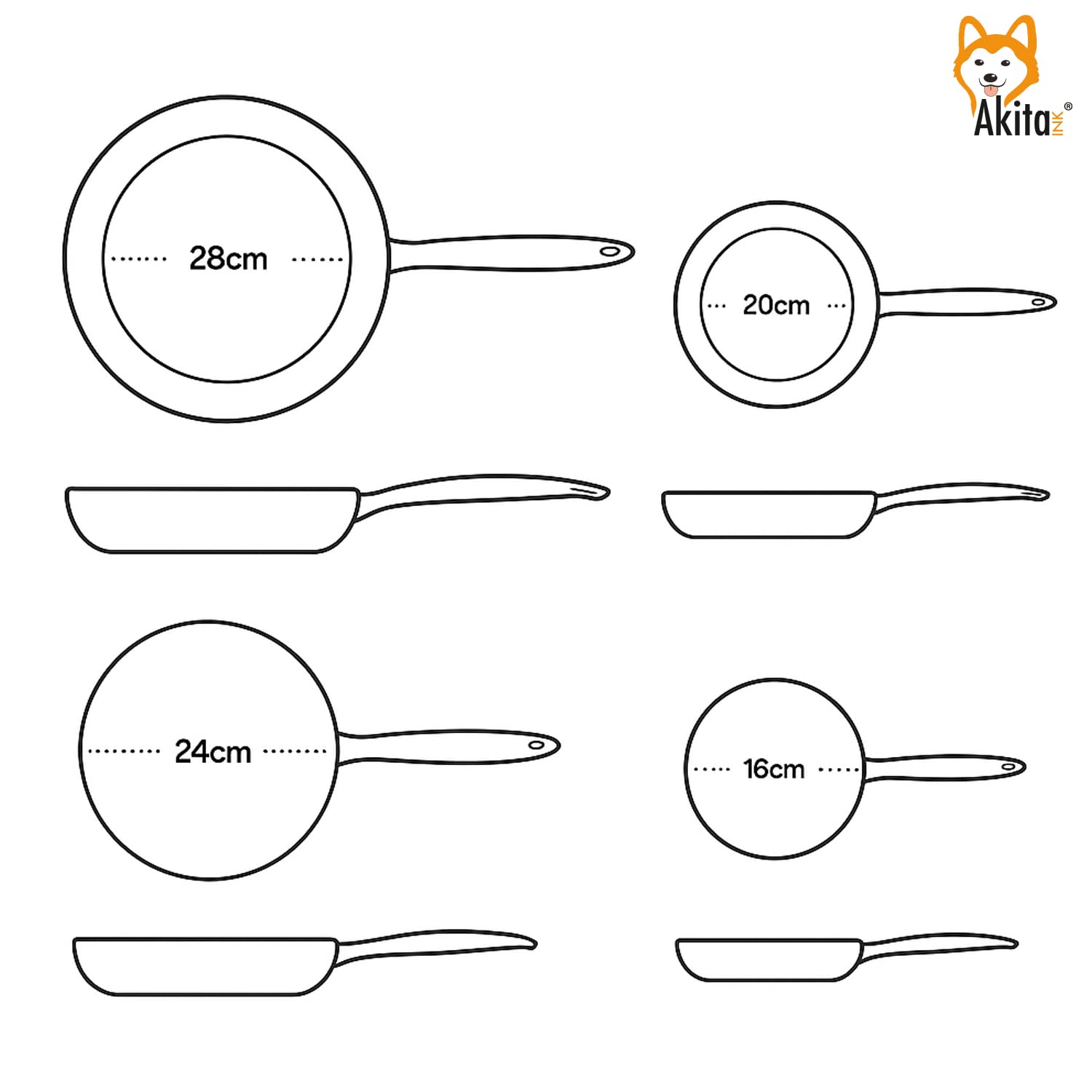 Akitaink Set 4 Padelle Antiaderenti 16-20-24-28cm PFOA Free