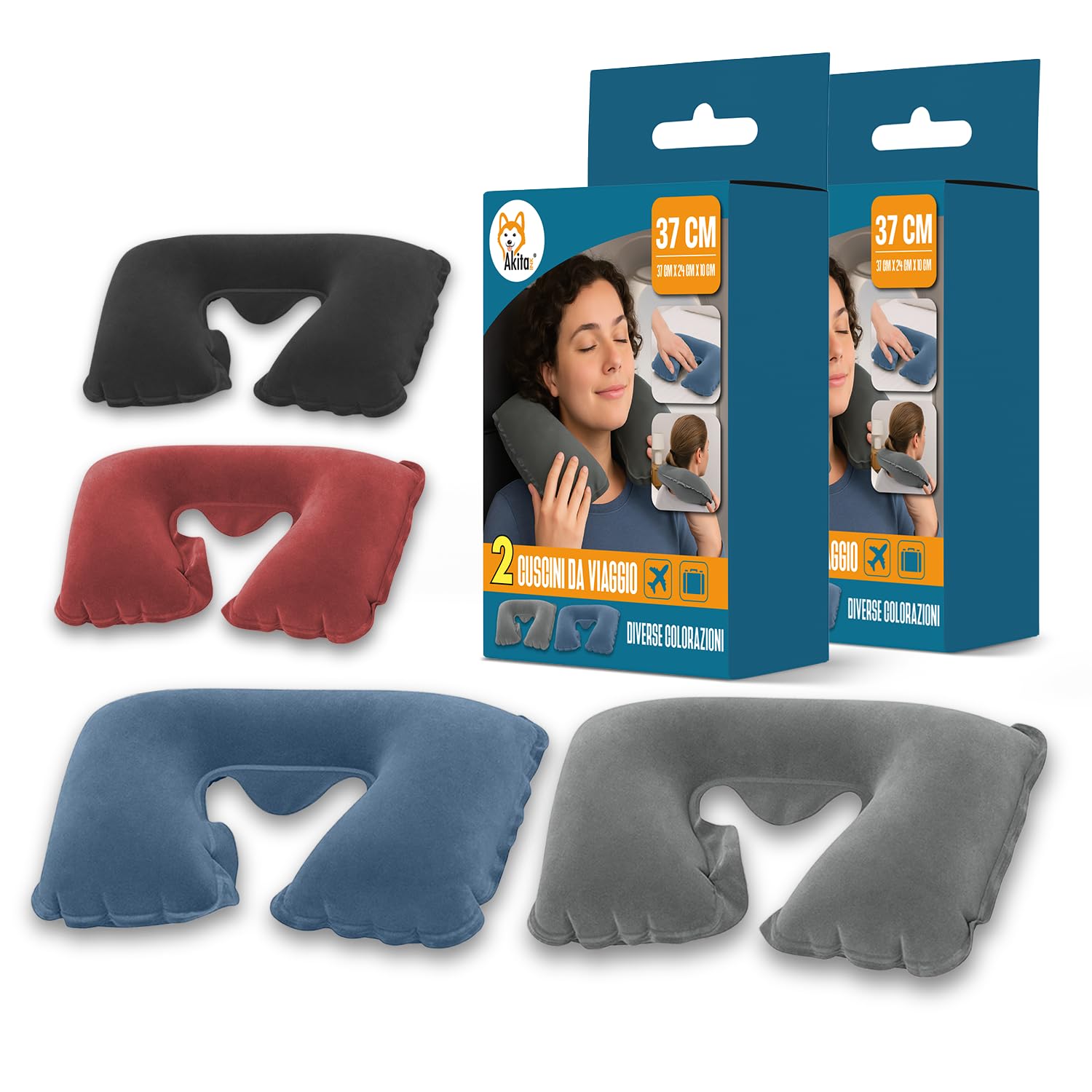 Akitaink cuscino viaggio gonfiabile collo a U 2 pezzi grigio