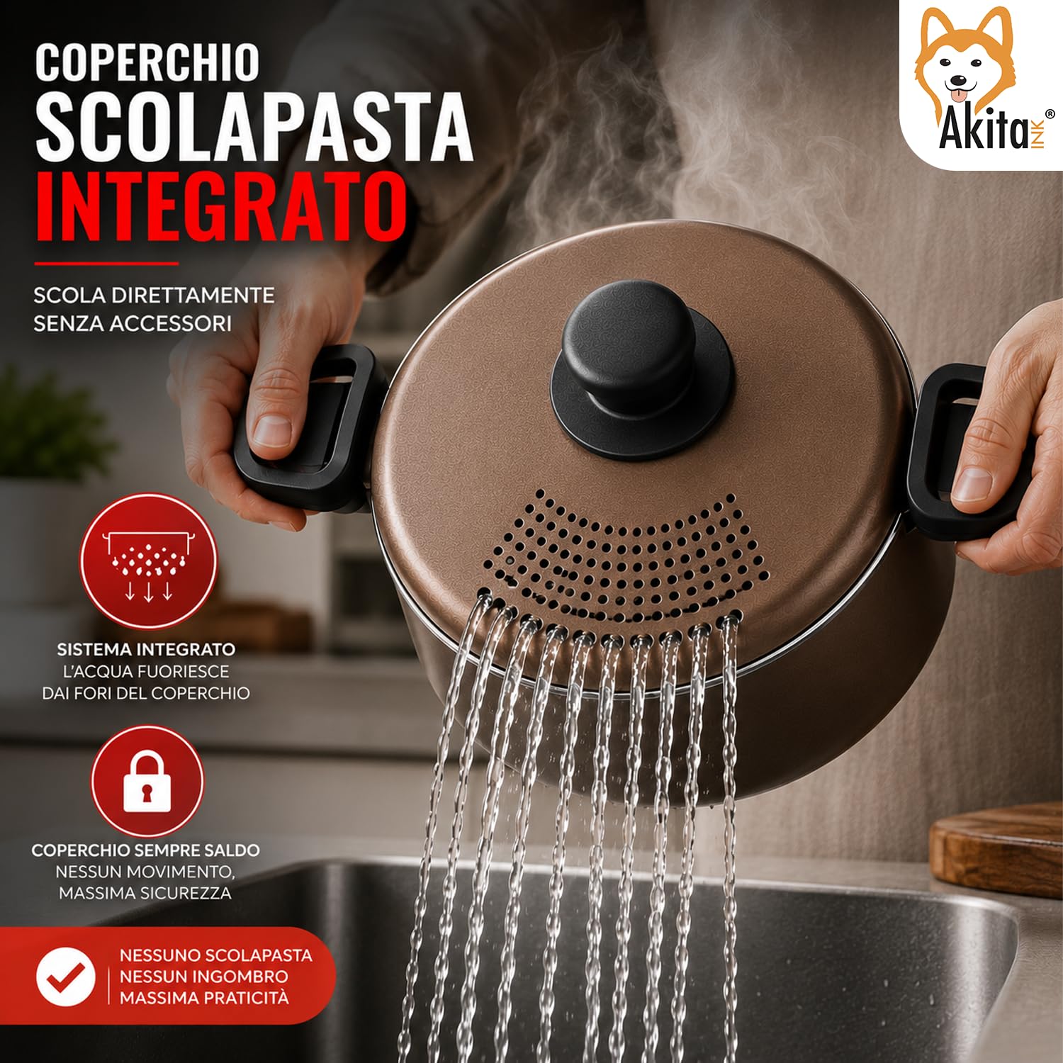 Akitaink Scolì 22 cm Pentola Scolapasta 5,7 L Antiaderente