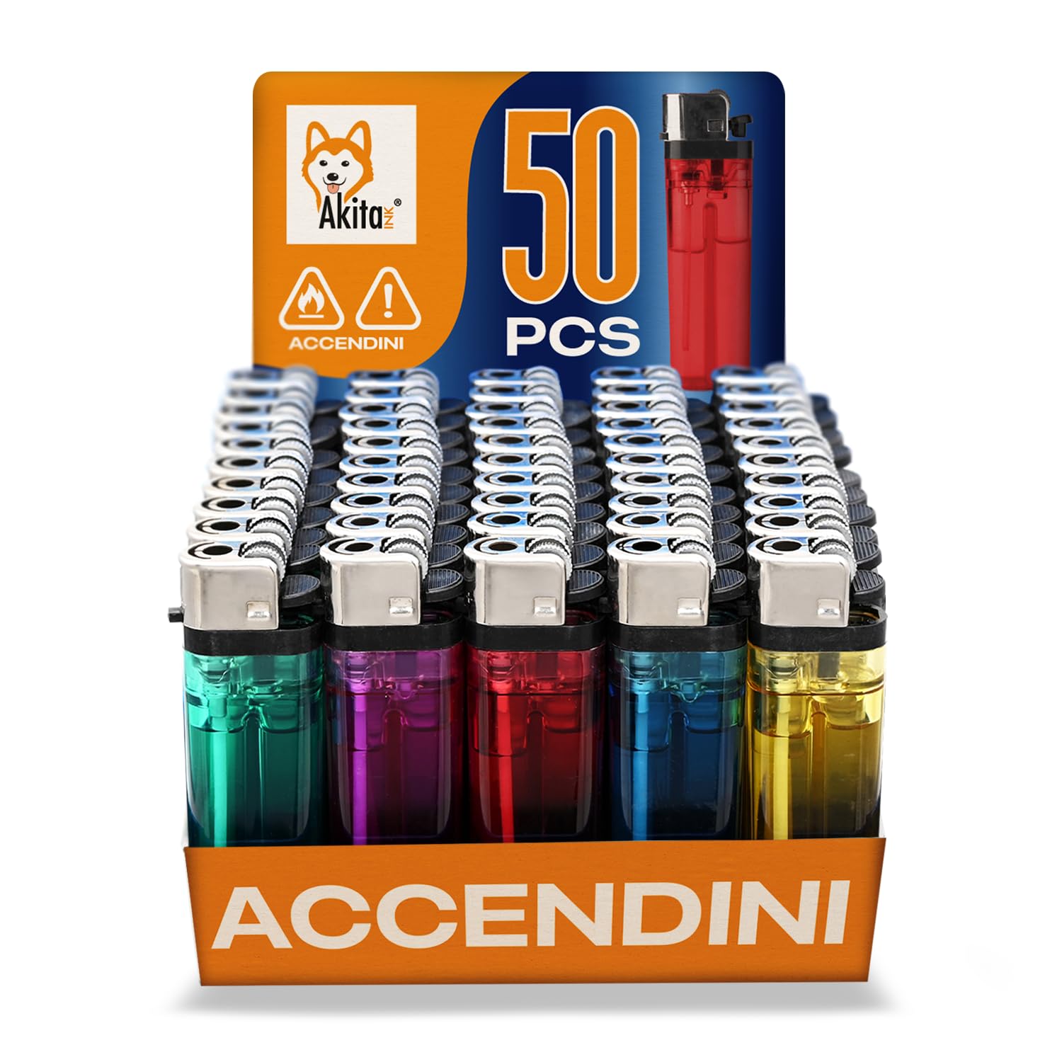 Akitaink Accendini Plastica Trasparenti Box 50 Pezzi Assortiti