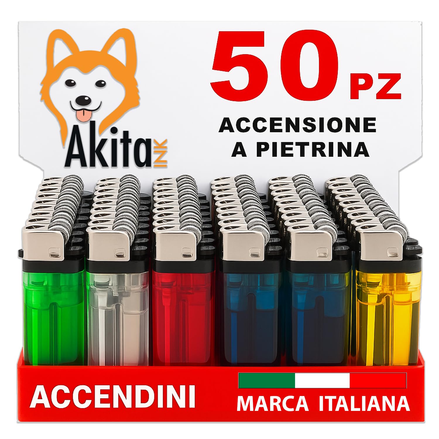 Akitaink Accendini Plastica Trasparenti Box 50 Pezzi Assortiti
