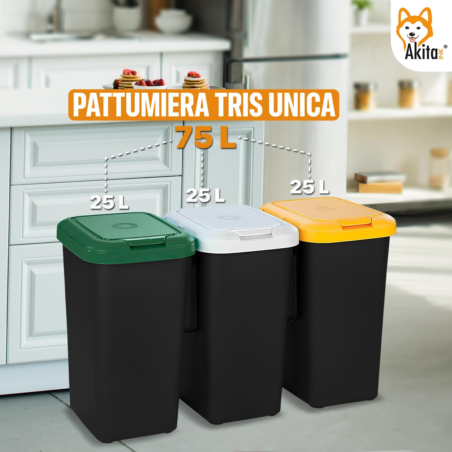 Akitaink AkiRock pattumiera 3 scomparti 75L set 3x25L