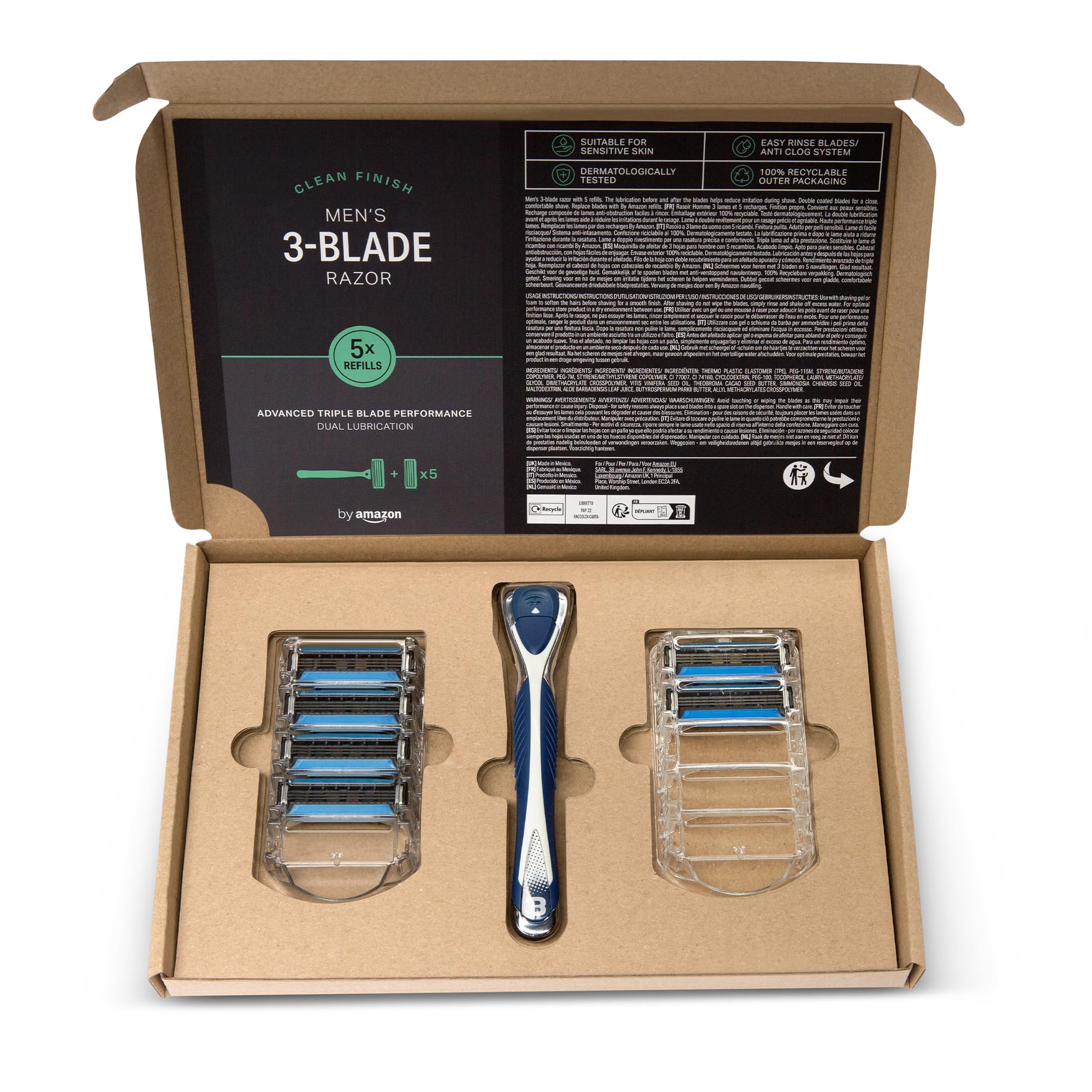 by Amazon Rasoio Uomo 3 Lame con 5 Ricariche Pelle Sensibile