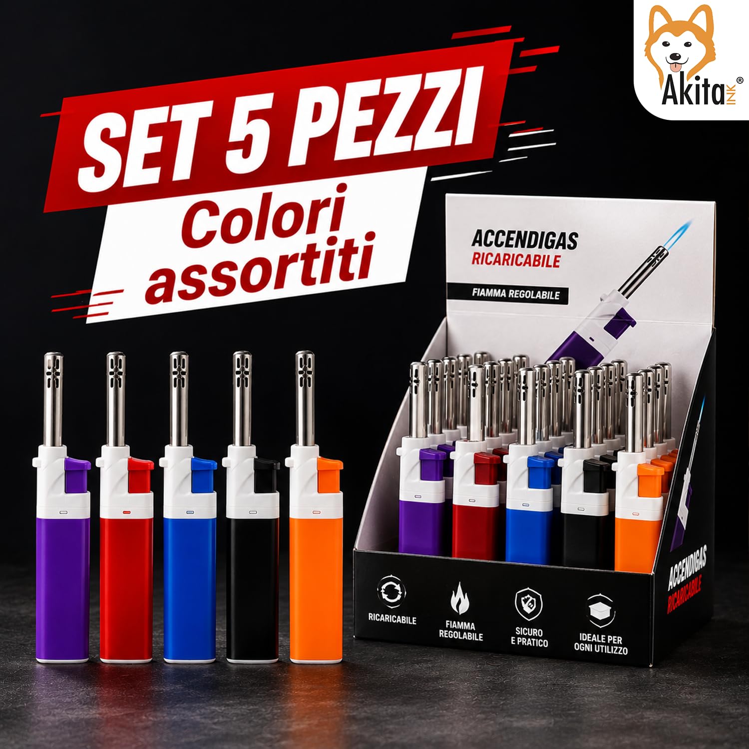 Akitaink Accendigas Ricaricabile Colorato Set 5 Pezzi BBQ