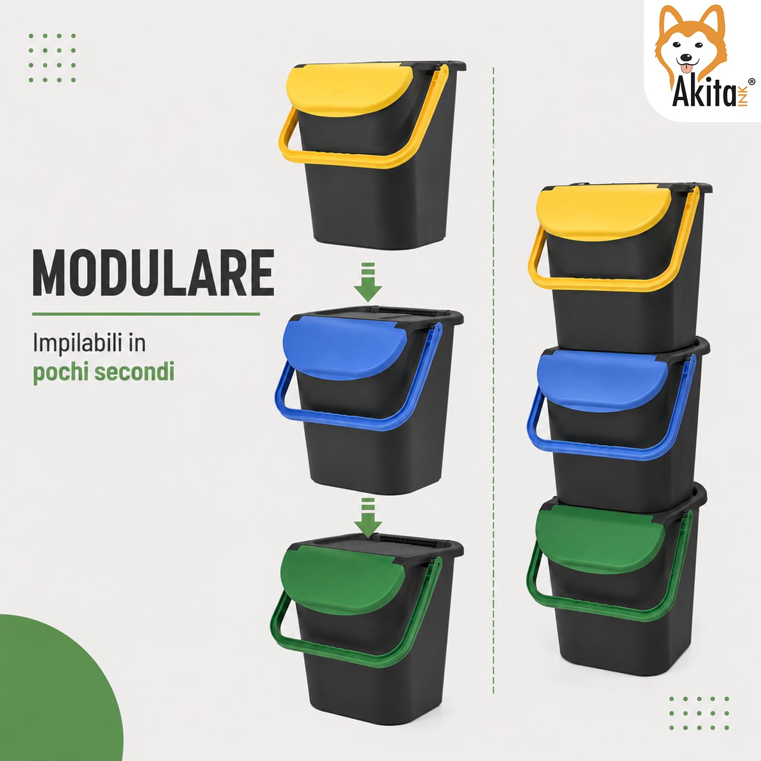 Akitaink Tower Bin pattumiere 30 litri set 3 pezzi impilabili