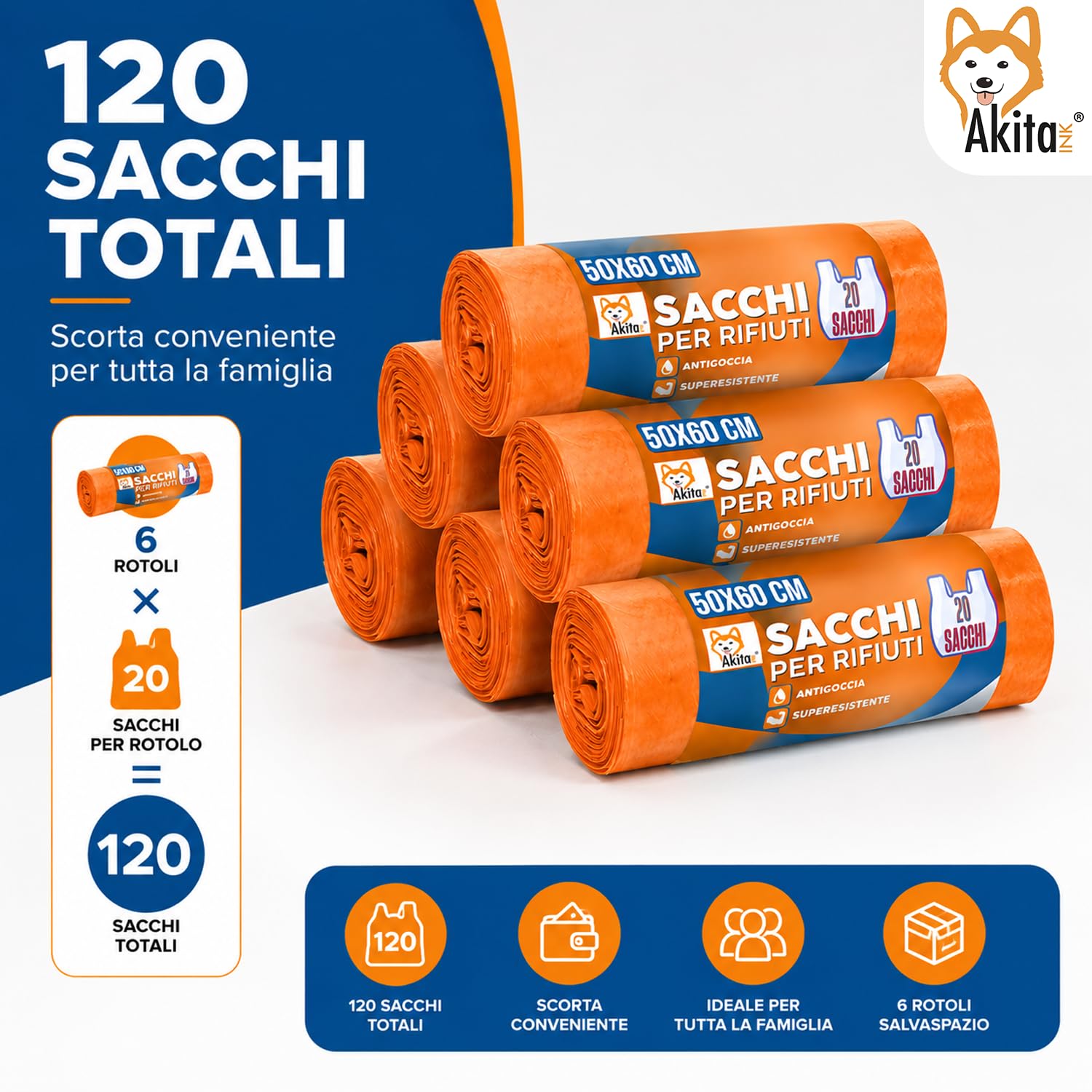 Akitaink sacchi spazzatura arancioni 50x60 cm 120 pezzi antiforo