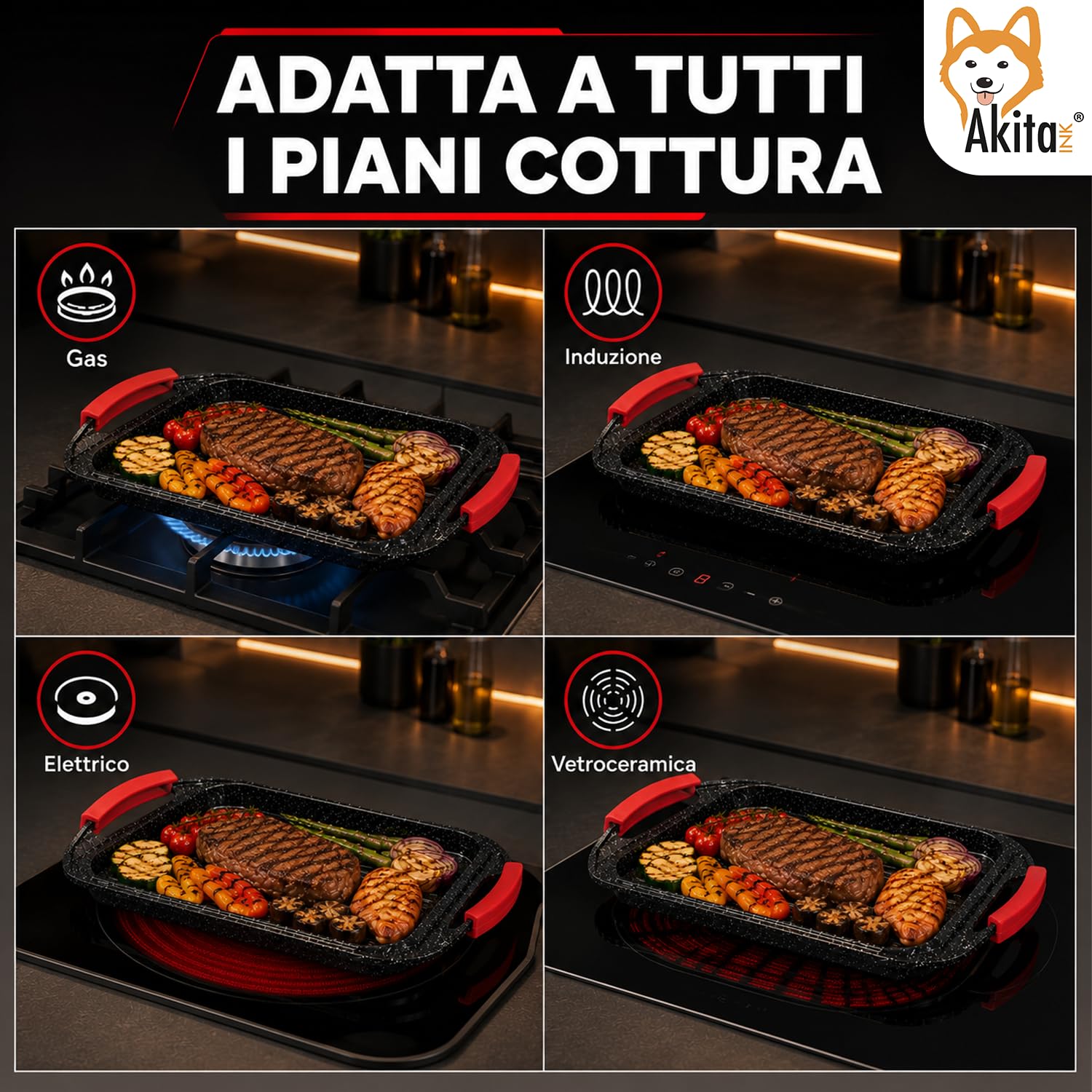 Akitaink Piastra Bistecchiera 34x26 cm Antiaderente Induzione