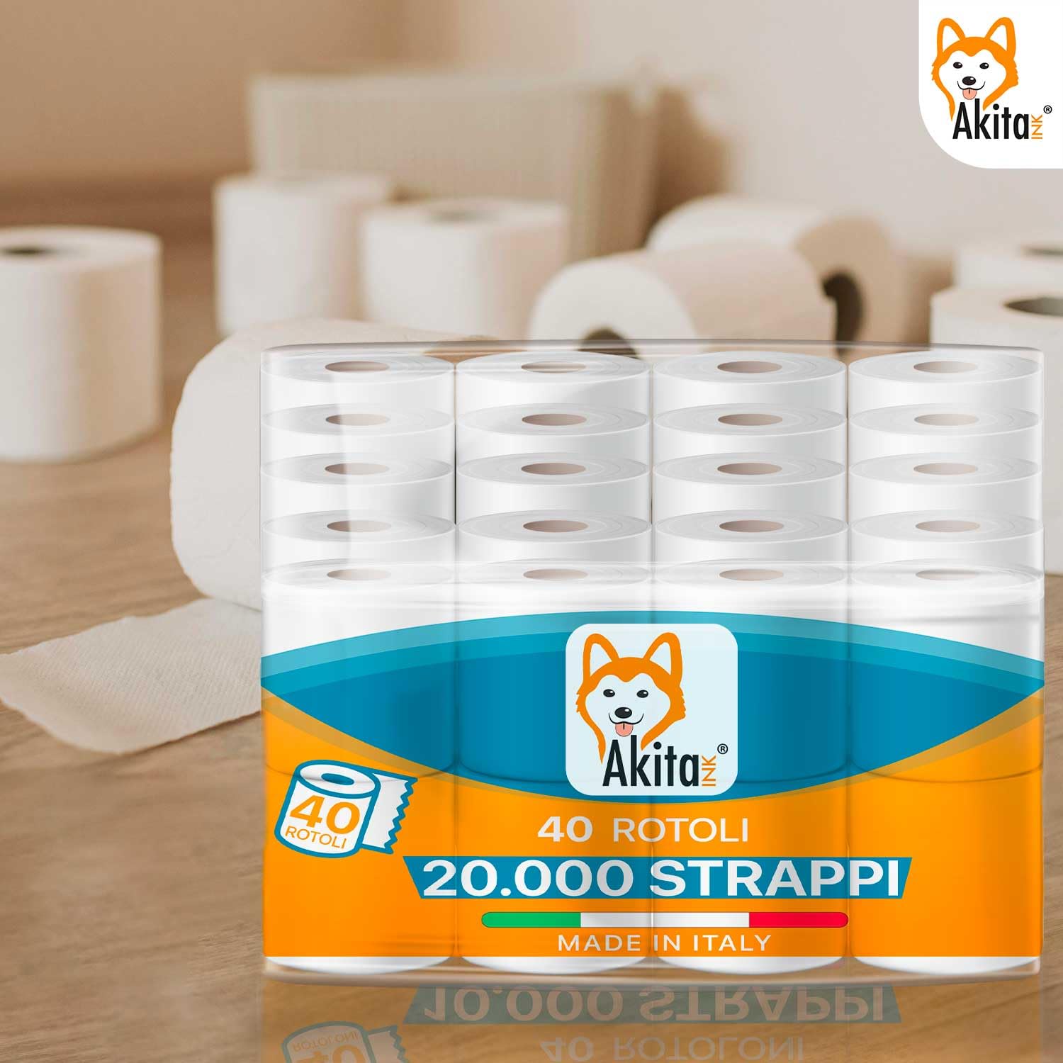 Akitaink Carta Igienica 2 Veli 20 Rotoli Pura Cellulosa