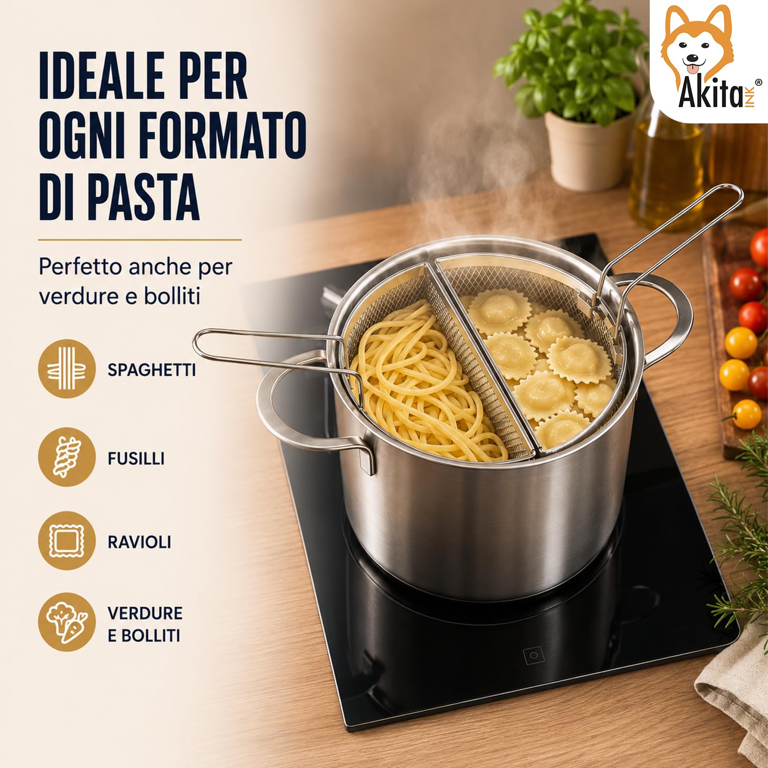 Akitaink cestelli cuocipasta inox 18 cm set 2 pezzi divisori
