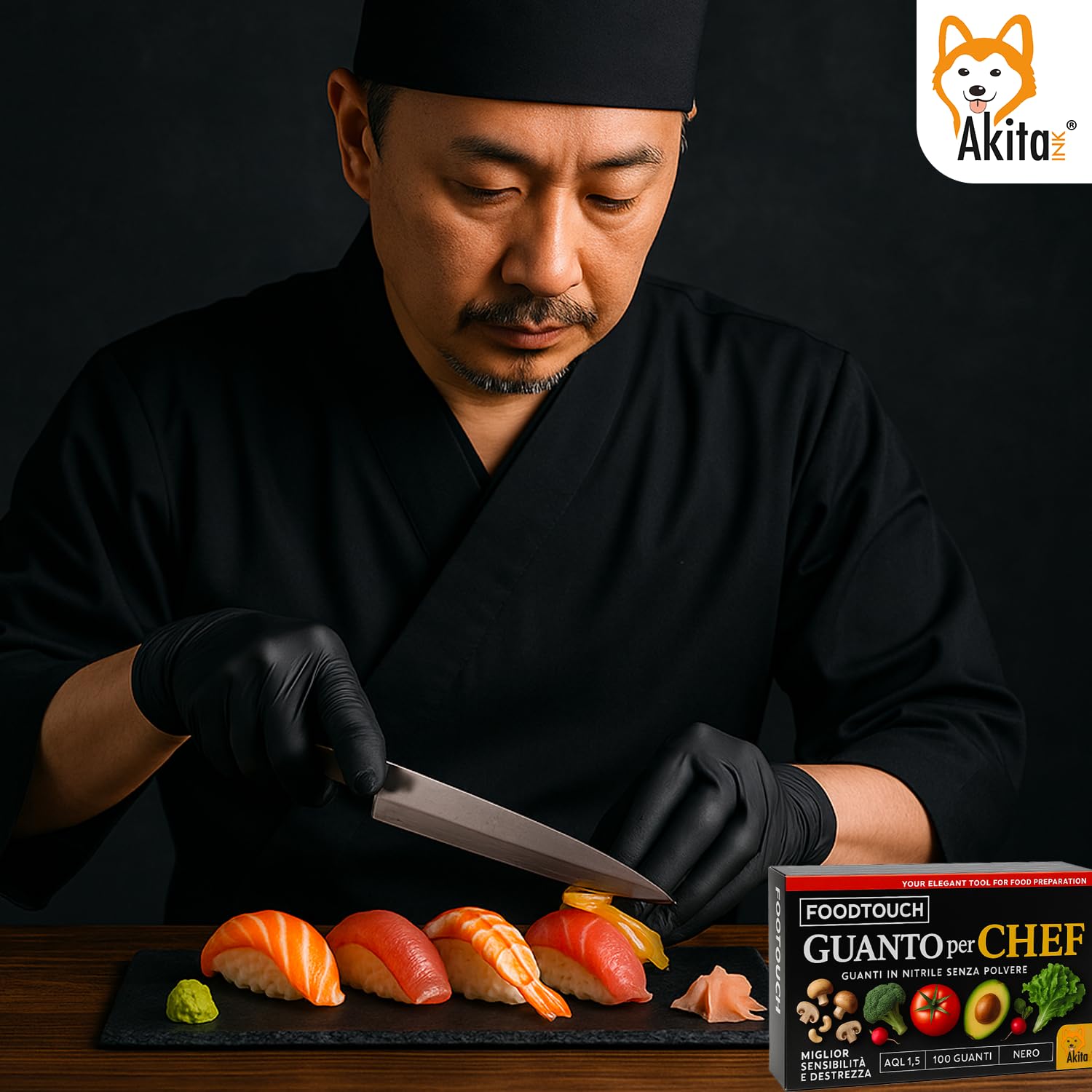 Akitaink Chef guanti nitrile neri food M 100 pezzi 4 g