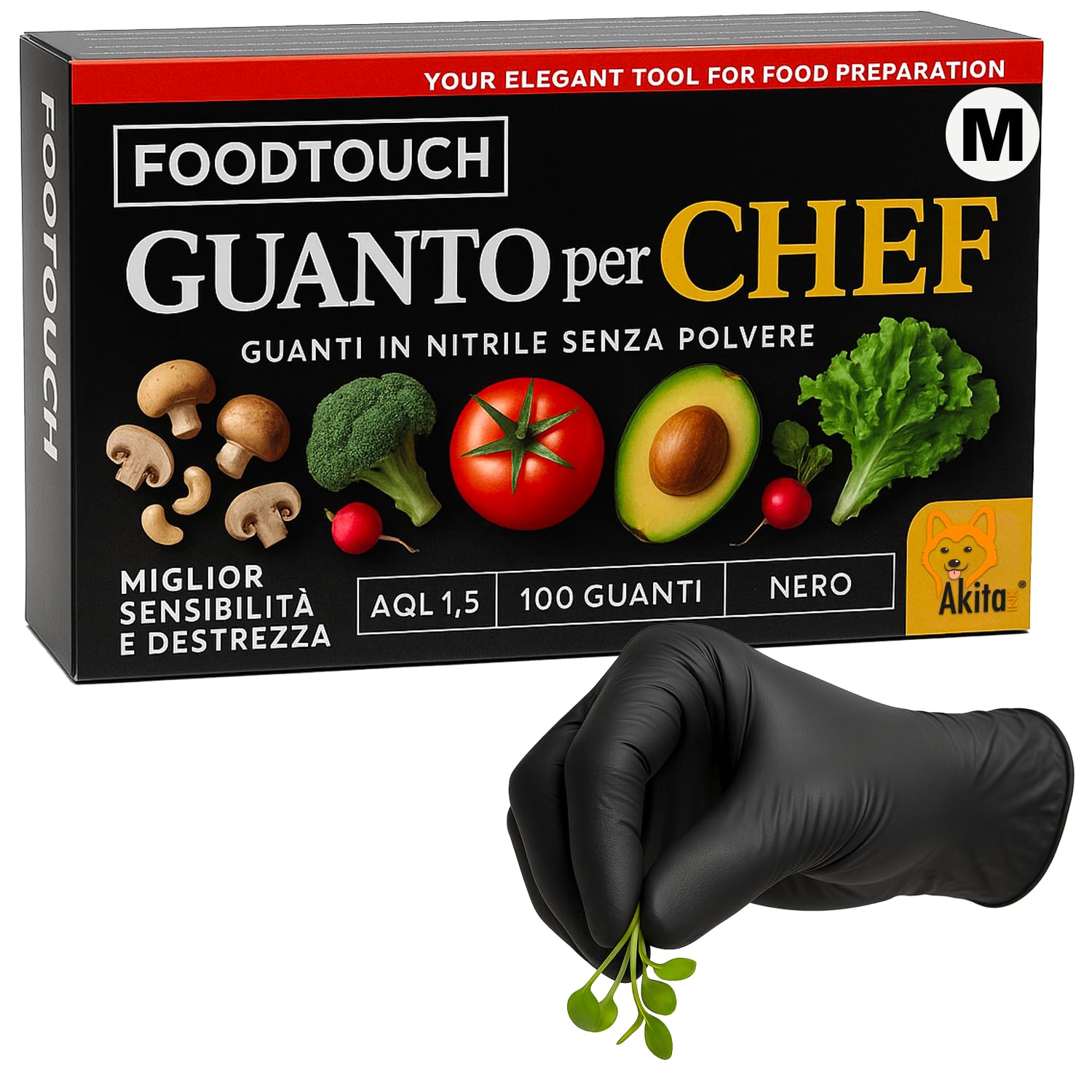 Akitaink Chef guanti nitrile neri food M 100 pezzi 4 g