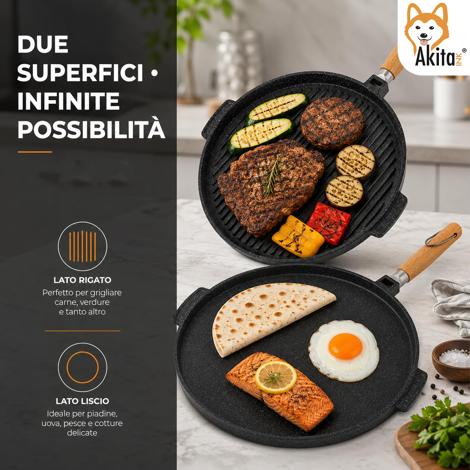 Akitaink Piastra Grill Double Tonda antiaderente 28 cm bifacciale