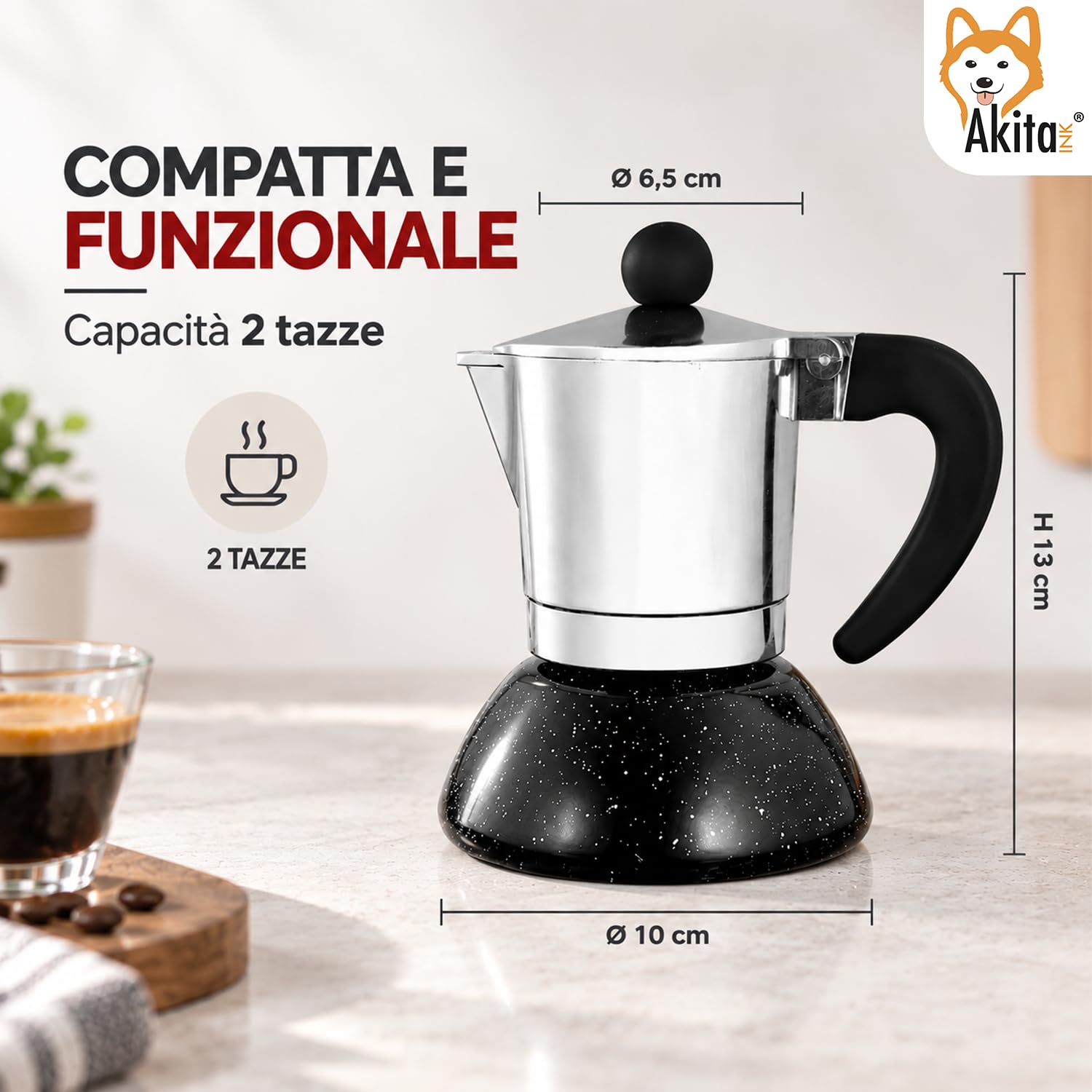 Akitaink moka induzione 2 tazze in alluminio con silicone