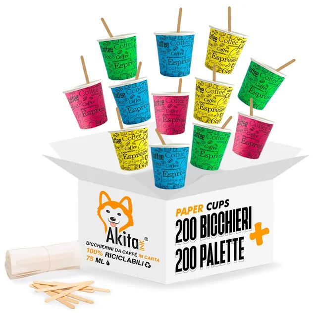 Akitaink kit 200 bicchierini caffè 75ml + 200 palette