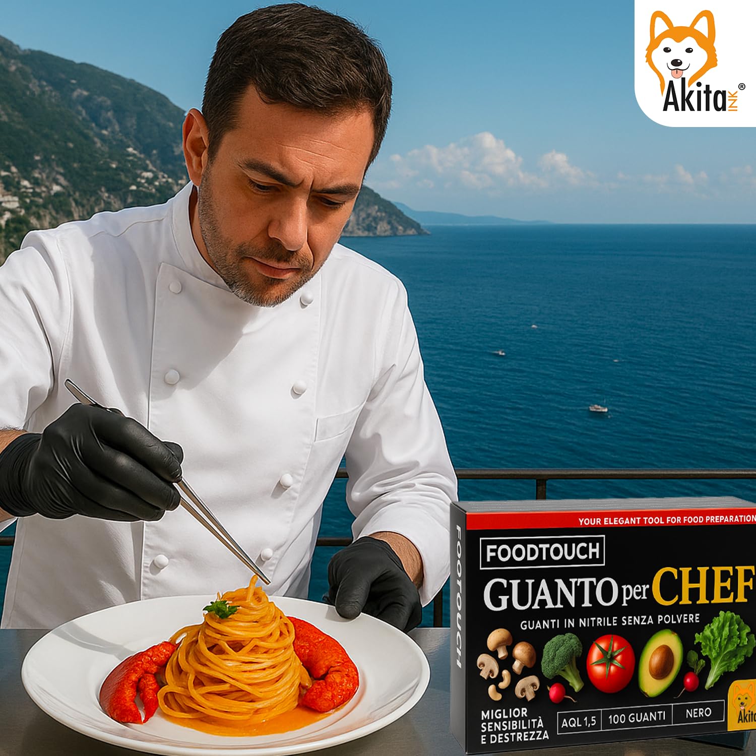 Akitaink Chef guanti nitrile neri food M 100 pezzi 4 g