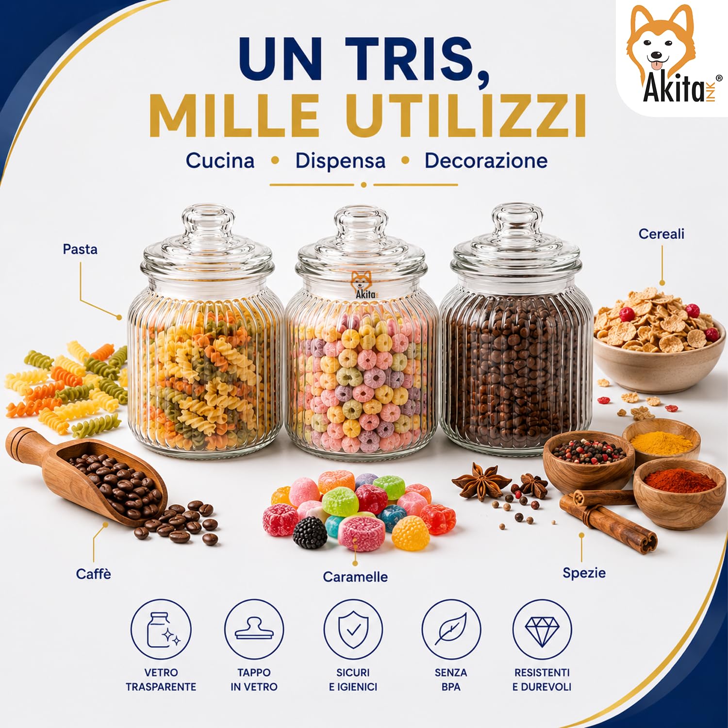 Akitaink barattoli vetro 700ml 3pz con tappo vetro
