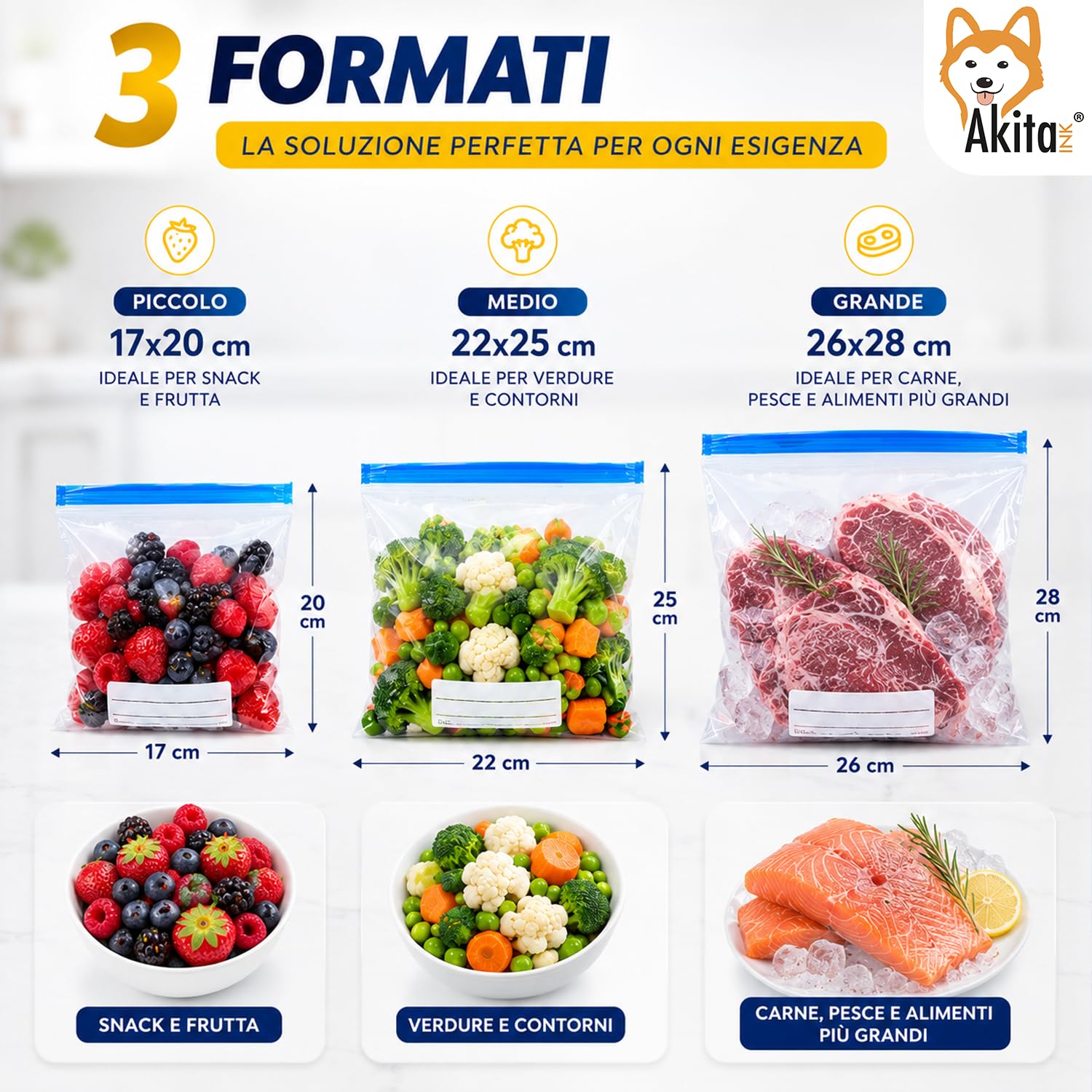 Akitaink sacchetti freezer zip 60 pezzi 3 misure
