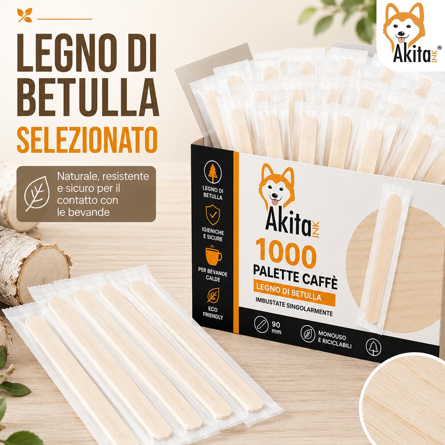 Akitaink palette caffè in legno 1000 imbustate biodegradabili