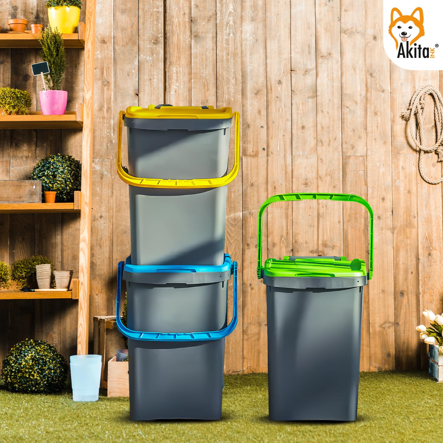 Akitaink Akipatfolk set 3 pattumiere 50 L plastica riciclata 150 L