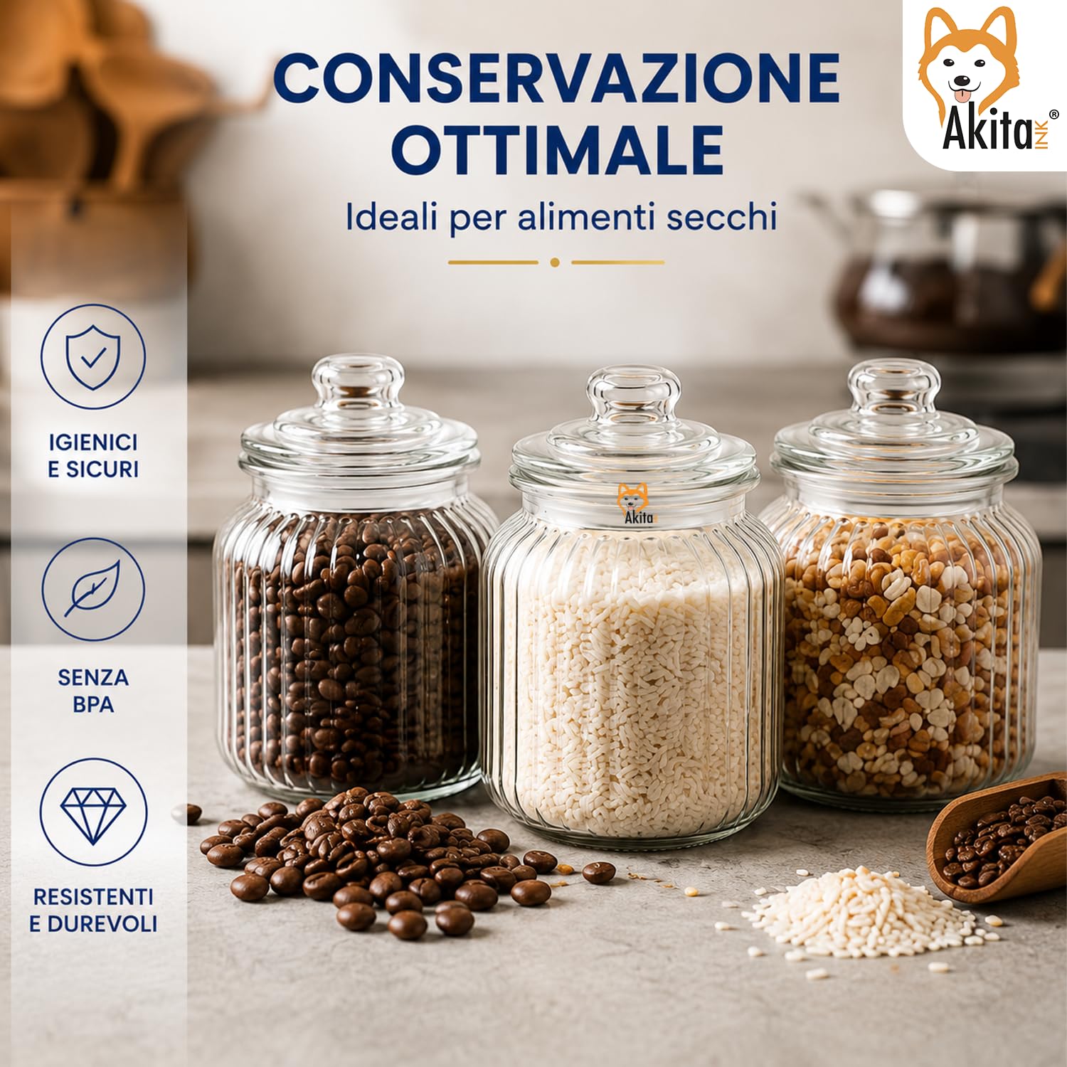 Akitaink barattoli vetro 700ml 3pz con tappo vetro