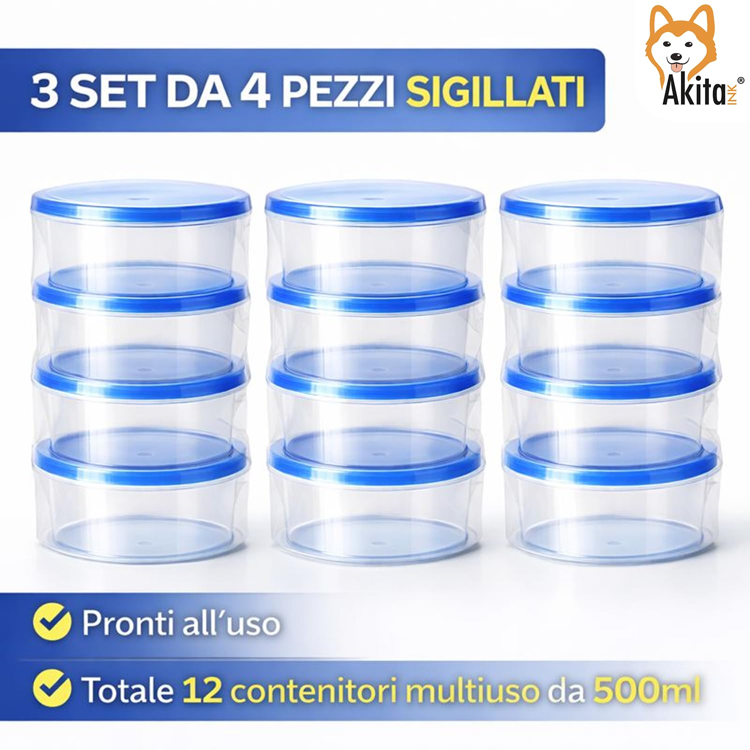 Akitaink contenitori alimenti tondi 500 ml set 12 pezzi ermetici