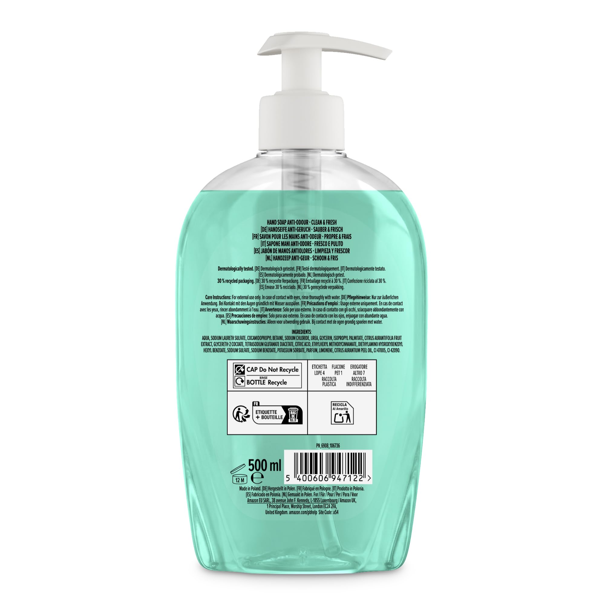 by Amazon Sapone Mani Liquido Limone e Menta 4x500 ml antiodore