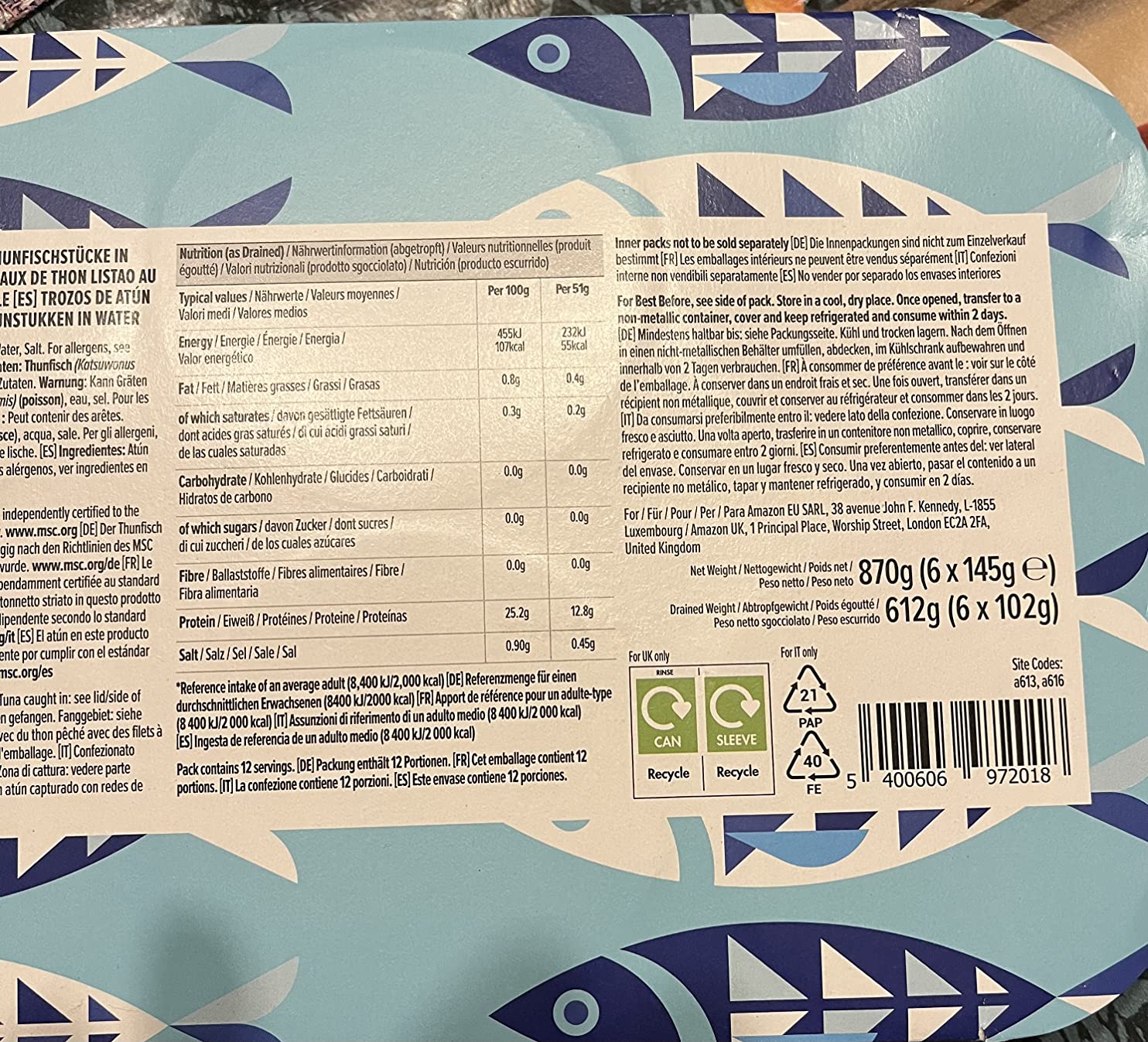 by Amazon Tonno in Pezzi al Naturale 145 g Confezione da 6 proteico