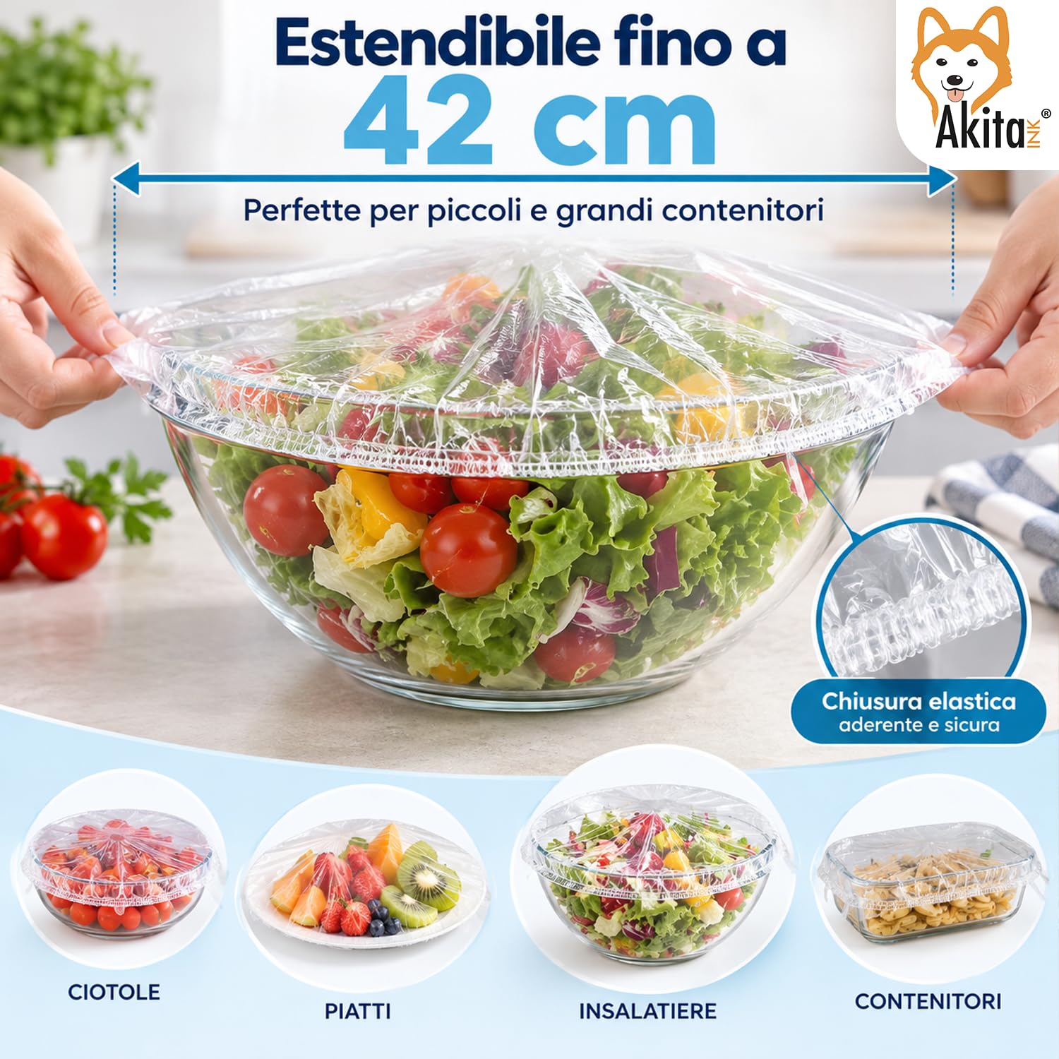 Akitaink Cuffie Copri Alimenti Trasparenti 100 Pezzi Elastici