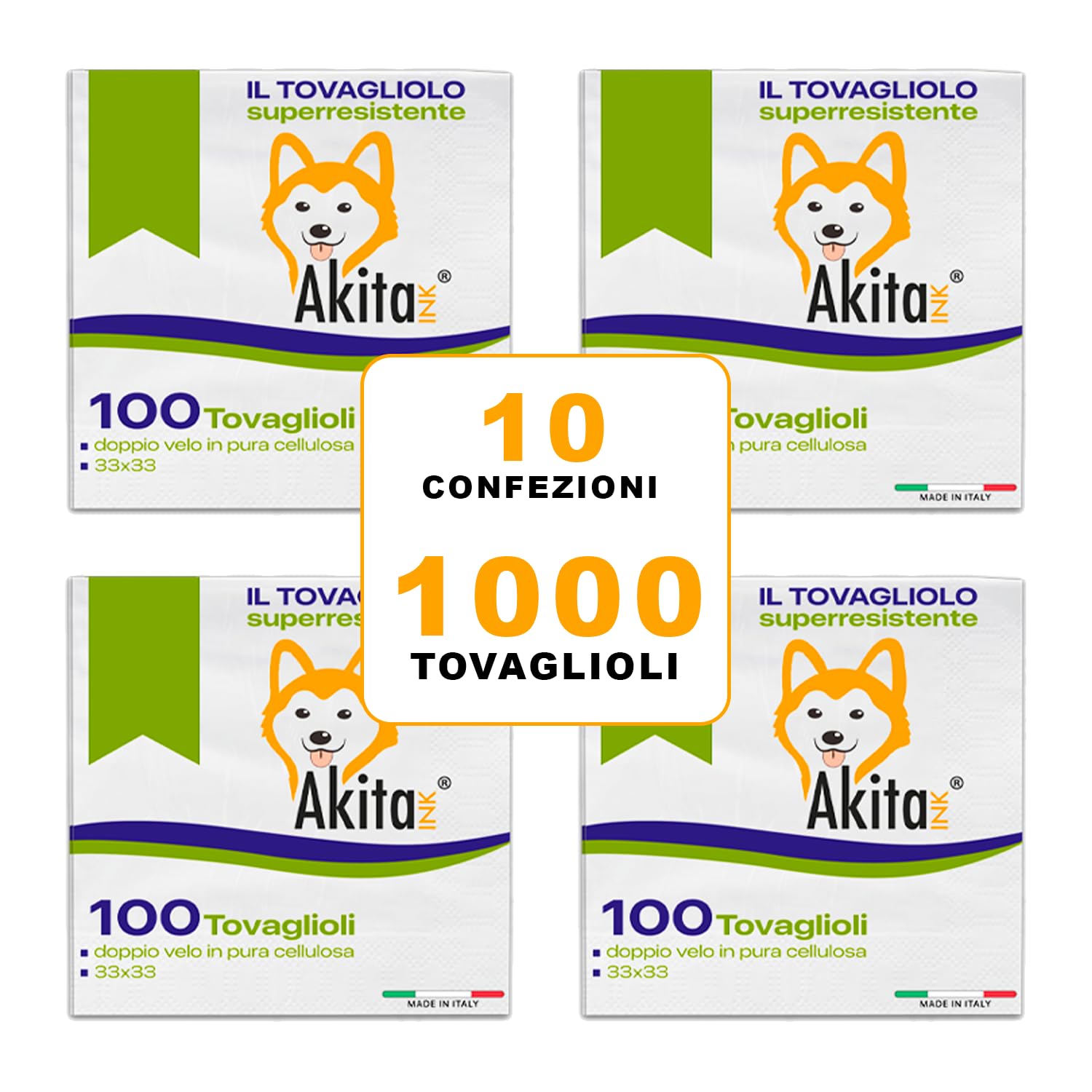 Akitaink Tovaglioli 2 veli decorati 1000 pezzi pura cellulosa