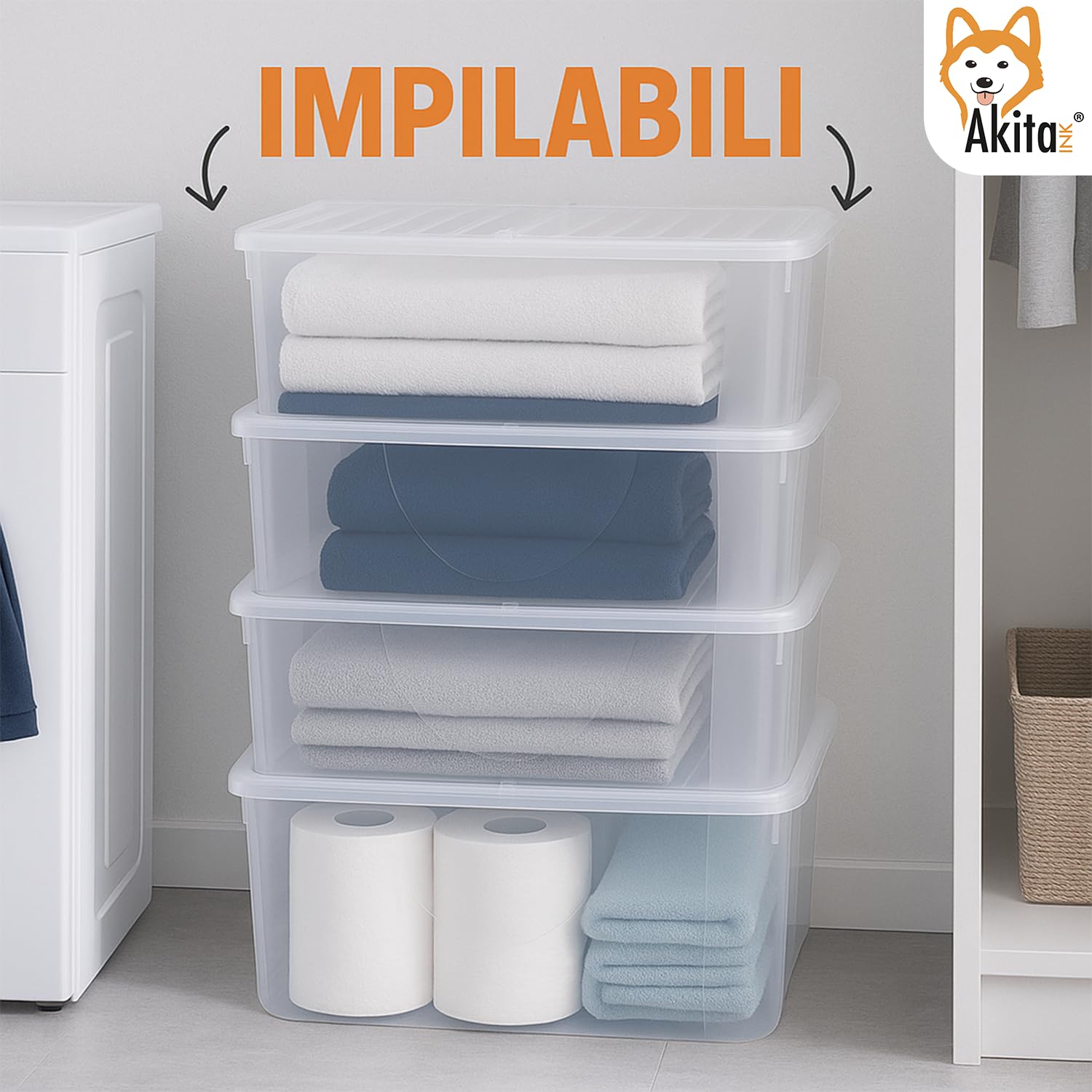 Akitaink contenitori plastica 40L 4pz trasparenti impilabili