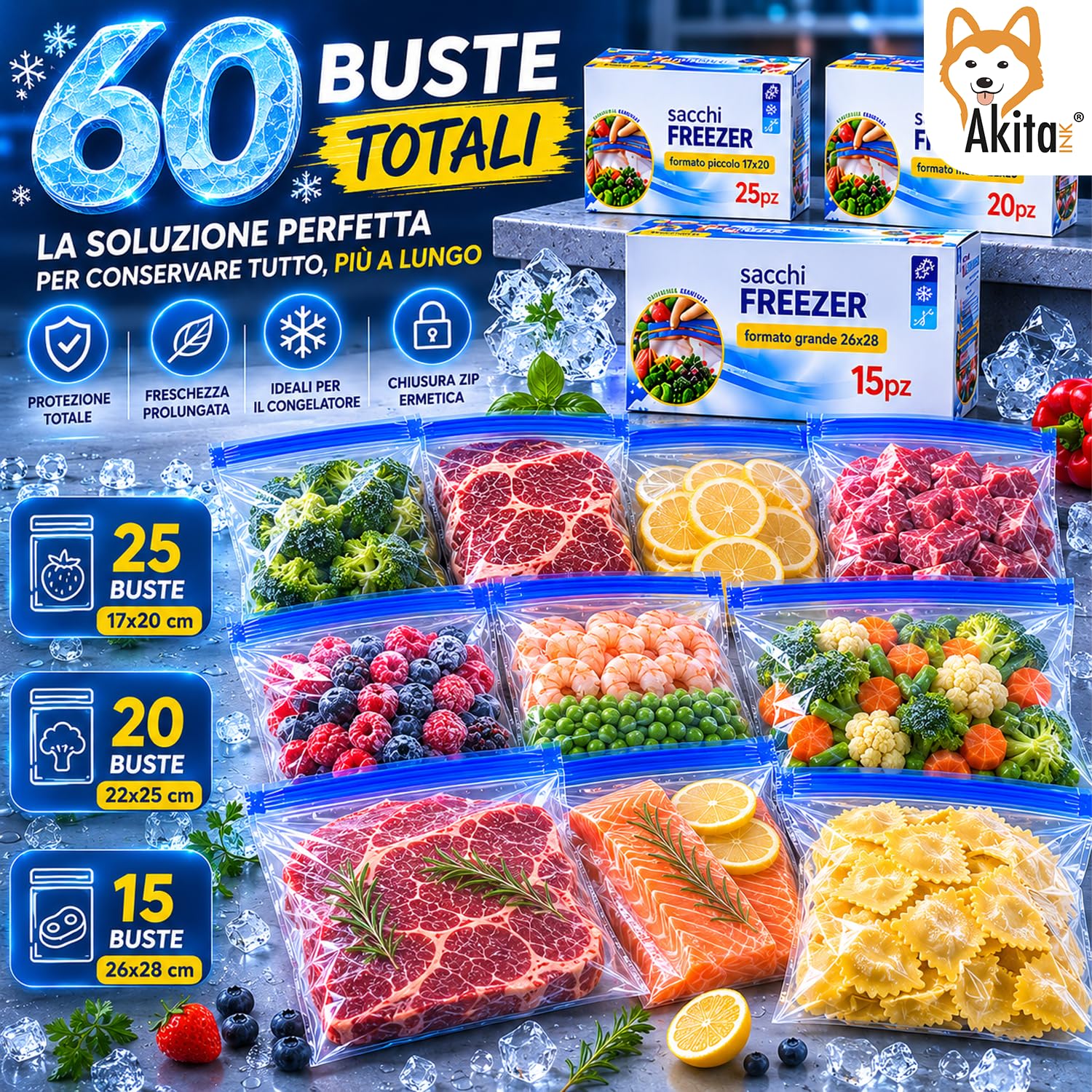 Akitaink sacchetti freezer zip 60 pezzi 3 misure