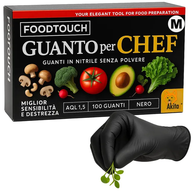 Akitaink Chef guanti nitrile neri food M 100 pezzi 4 g