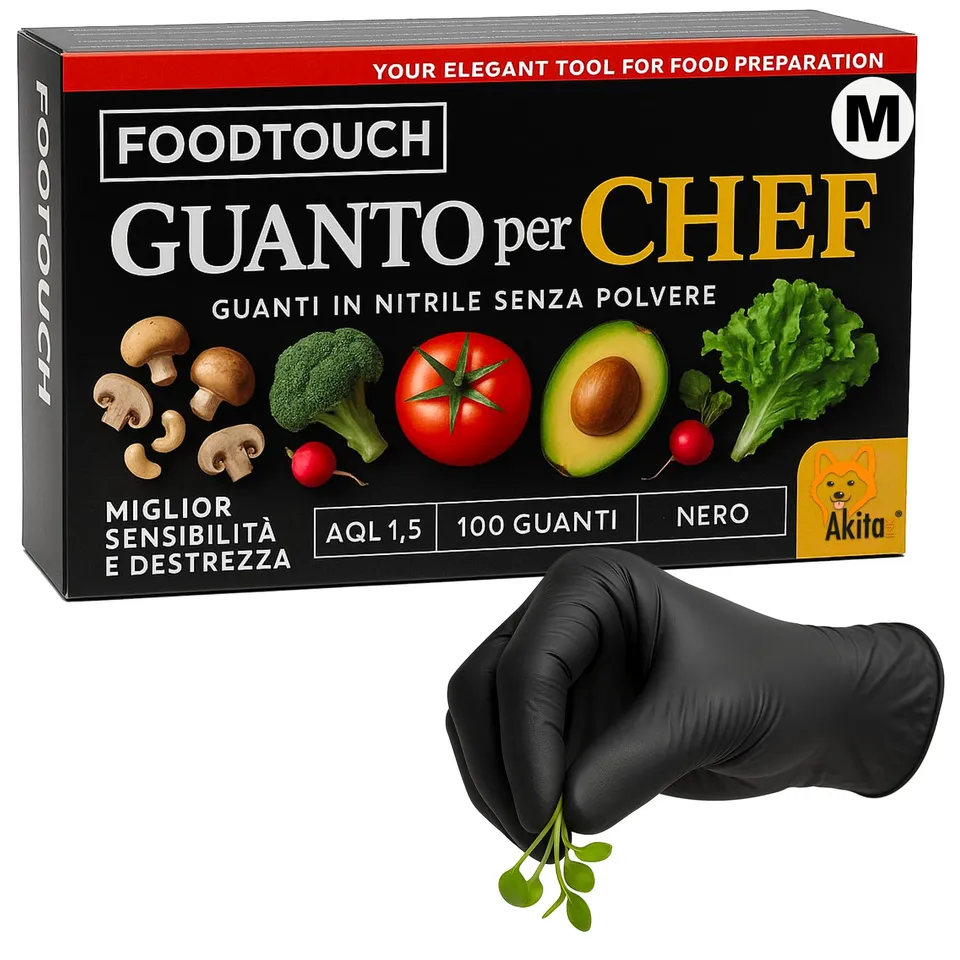 Akitaink Chef guanti nitrile neri food M 100 pezzi 4 g