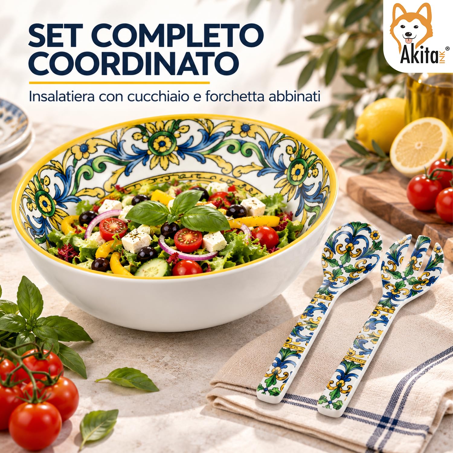 Akitaink Portofino set insalatiera 3 L con posate melamina