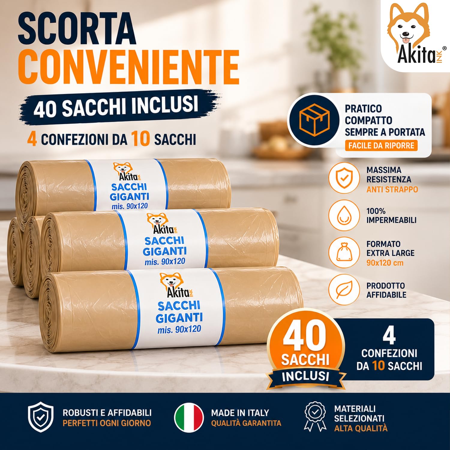 Akitaink sacchi condominiali 90x120 cm 150 litri 40 pezzi ambra