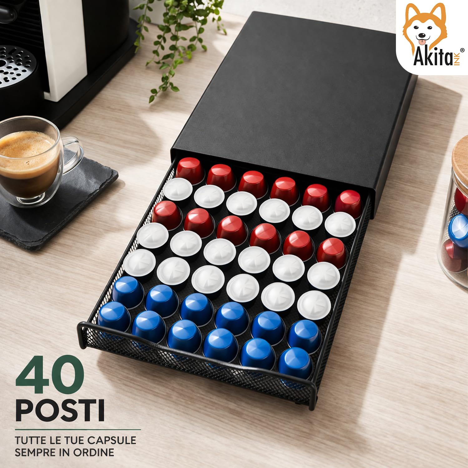 Akitaink portacapsule cassetto metallo nero 40 capsule