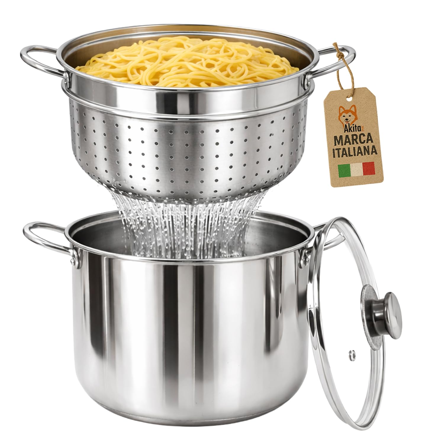 Akitaink Bollipasta Acciaio 22 cm con Cestello e Coperchio