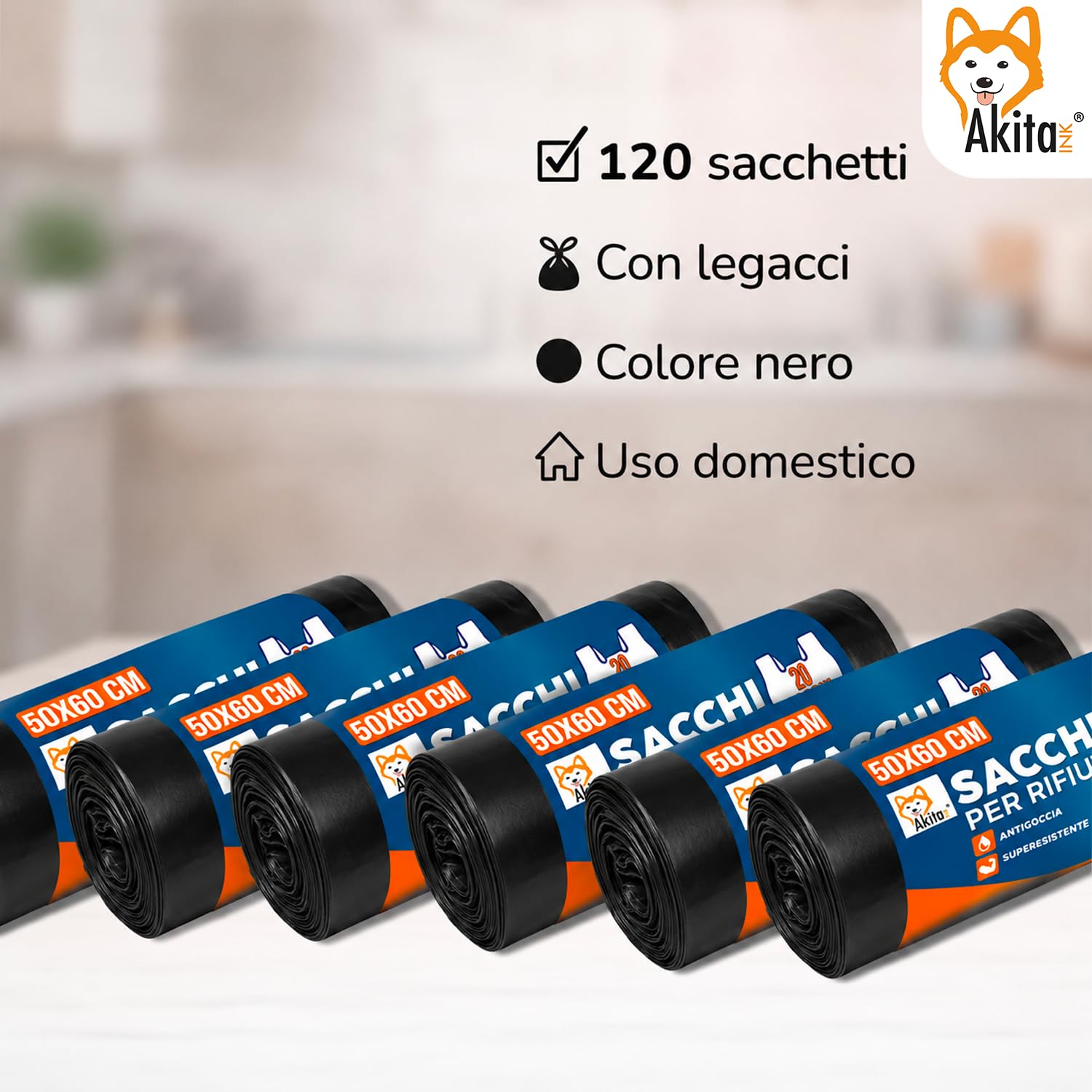 Akitaink Sacchi Spazzatura 50x60 cm Neri 120 Pezzi con Legacci