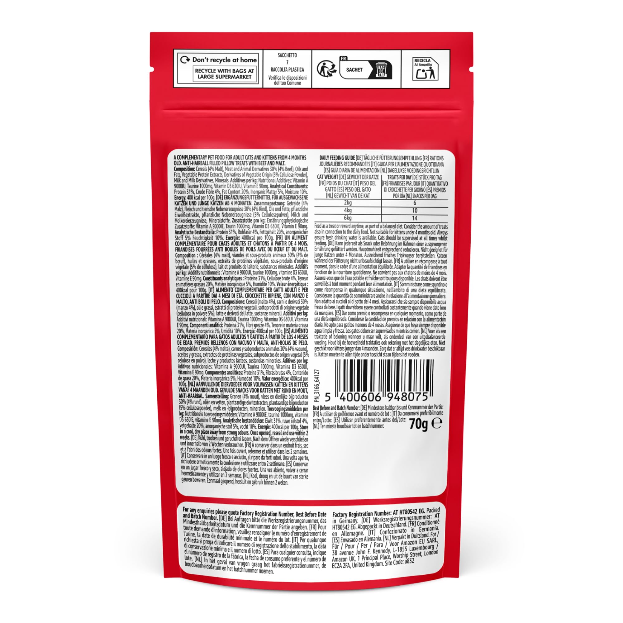by Amazon Snack Gatti Manzo e Malto 70 g anti-bolo di pelo